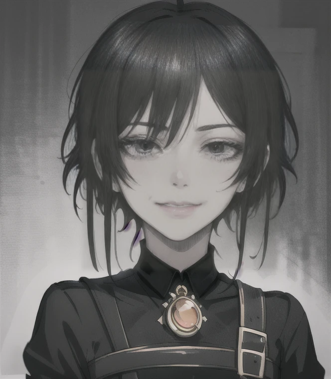 1girl, woman, emo_hairstyle, black lipstick, dog collar, eyeliner, eye shadow, smoky eyes, realistic lighting, short hair, smug, punk, smirk, fantasy clothes, skirt, tight fantasy dress.