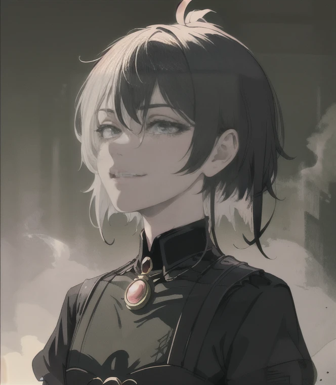 1girl, woman, emo_hairstyle, black lipstick, dog collar, eyeliner, eye shadow, smoky eyes, realistic lighting, short hair, smug, punk, smirk, fantasy clothes, skirt, tight fantasy dress.