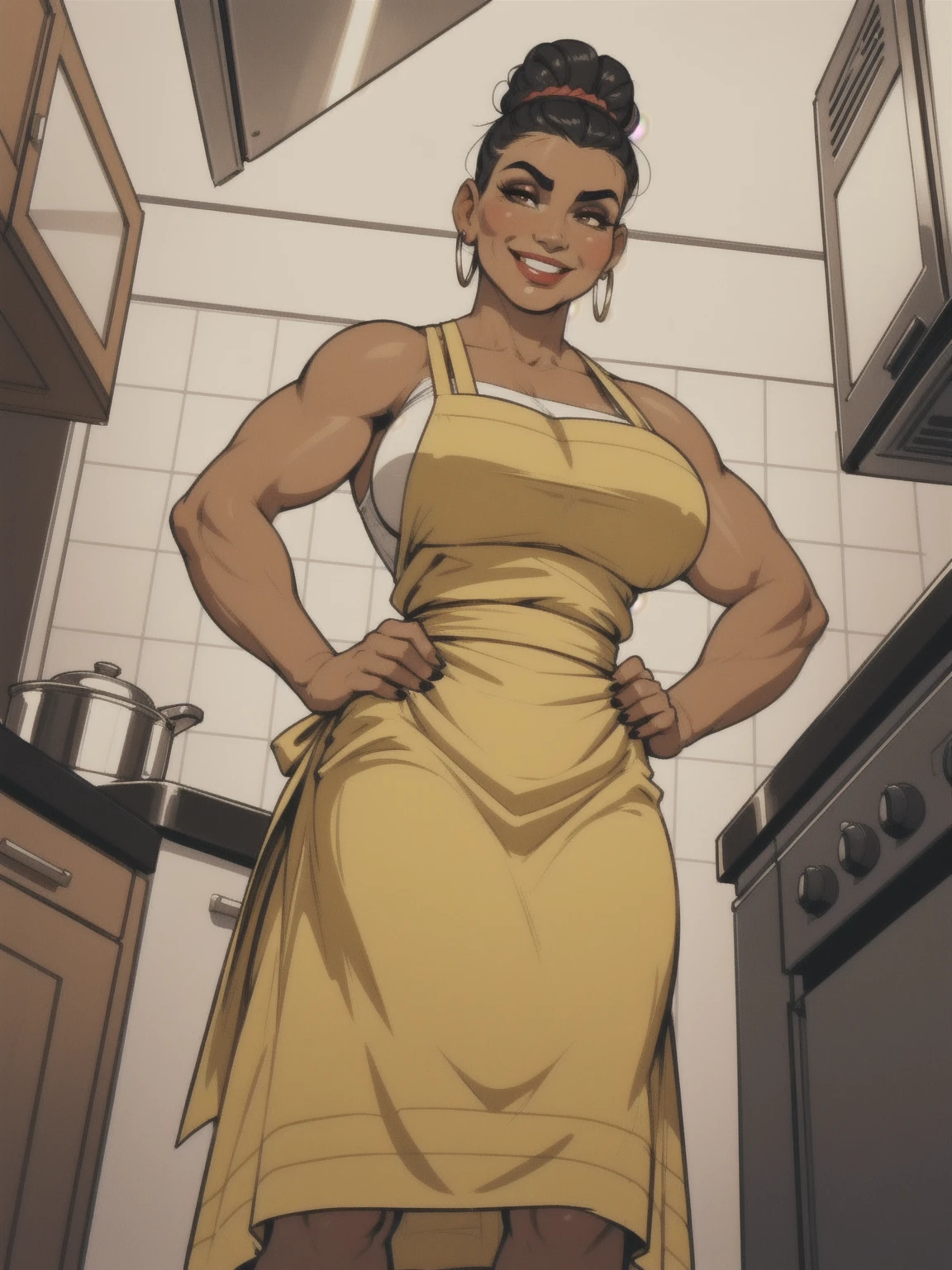 woman, solo, 1woman, retro, wearing dress and apron, (tanned skin:1.1), latina, standing in kitchen, modern kitchen, (huge breasts:1.1), (nipple outline:0.7), muscular, black hair, updo, hair bun, makeup, looking down at viewer, hands on hips, (from below:1.3), (extremely low angle:1.2), smiling, incase, facing viewer,
