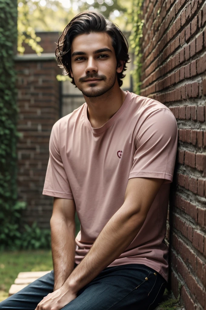 Create a photo of a young man in his early 20s with an oval face, high cheekbones, and a light beard and mustache. He has short, dark, slightly wavy hair that looks wet. He is wearing a wet pink T-shirt with the text ‘QOXIEM’ in black letters on the chest. The man is sitting with his upper body slightly turned to the right, his head tilted slightly upward, and looking to the left with a calm, thoughtful expression and a gentle smile. The background is an old, mossy brick wall, and the lighting is soft and natural, coming from the front-left side, highlighting his facial features
