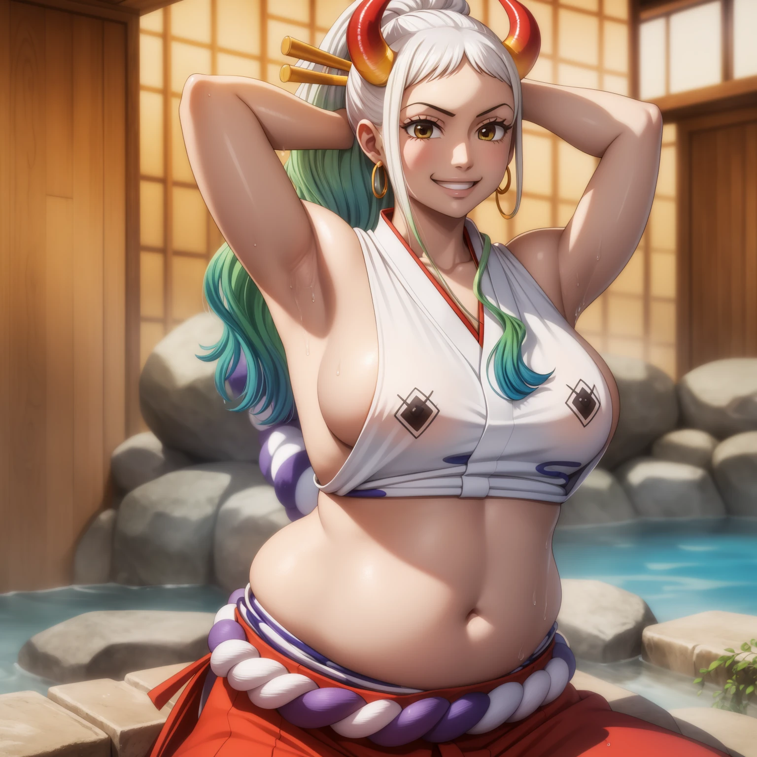 Yamato  (wanostyle) earrings, hair stick, bare shoulders, japanese clothes, rope, sleeveless kimono, shimenawa, high ponytail, large breasts, side boob, bathhouse, water, wet, multicolored hair, light green hair, horns, ((small belly)), smile, (hands behind head:1.4), (solo:1.5)