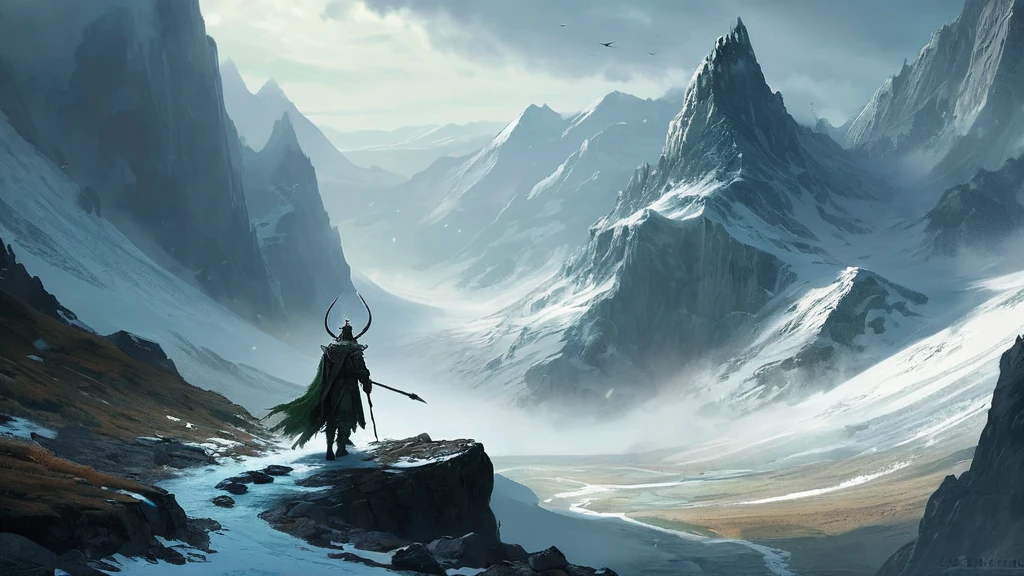 small humanoid creature navigating the rugged terrain of a towering mountain range. The mountains, jagged and imposing, stretch into the distance, their peaks shrouded in mist and snow. The air is crisp and cold, with the sky above painted in hues of twilight, casting a dramatic, ethereal light over the scene.

The humanoid creature, no taller than a , has a lean and agile build, perfectly adapted to its harsh environment. Its skin is a pale, stone-like gray, blending seamlessly with the rocky surroundings. It wears simple, tattered clothing made from roughspun fabric and animal hides, providing minimal protection against the elements. Sharp, intelligent eyes peer out from a weathered face, hinting at both curiosity and wariness.

In one hand, the creature holds a sturdy walking stick, carved with intricate patterns that suggest a deep cultural heritage. Around its neck, a necklace of small, polished stones glimmers faintly, possibly enchanted or significant in some ancient tradition.

The mountain path is narrow and treacherous, with loose rocks and steep cliffs on either side. Snow and ice cling to the higher elevations, while hardy, wind-blasted shrubs and sparse patches of grass struggle to survive lower down. In the distance, an ancient stone structure, perhaps a temple or a long-abandoned fortress, hints at the hidden history of this remote region.

This image captures a moment of exploration and resilience, highlighting the small humanoid creature's determination to traverse the formidable mountain landscape in a dark medieval fantasy setting. The scene evokes themes of survival, mystery, and the timeless struggle against nature's challenges.