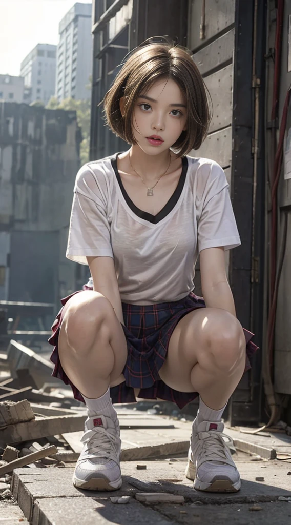 Battlefield Background，Wear a school uniform，Plaid miniskirt，A short-haired girl in sneakers squats in a ruin，bobcut，sweat，For the audience，Full body close-up