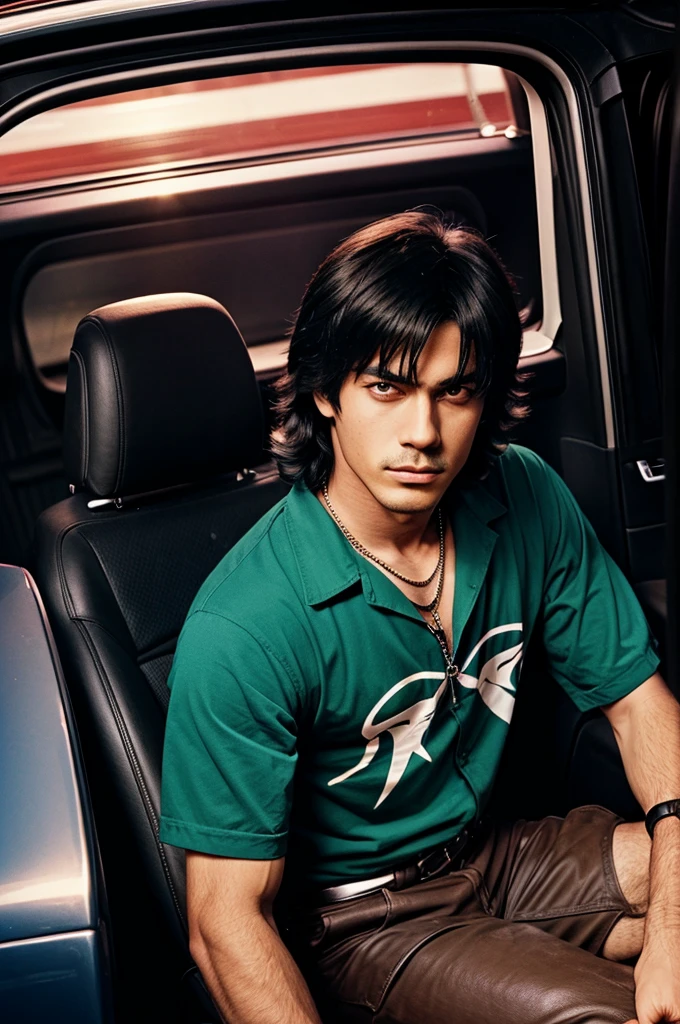 Dark fantasy a man sitting in a car 80s anime night