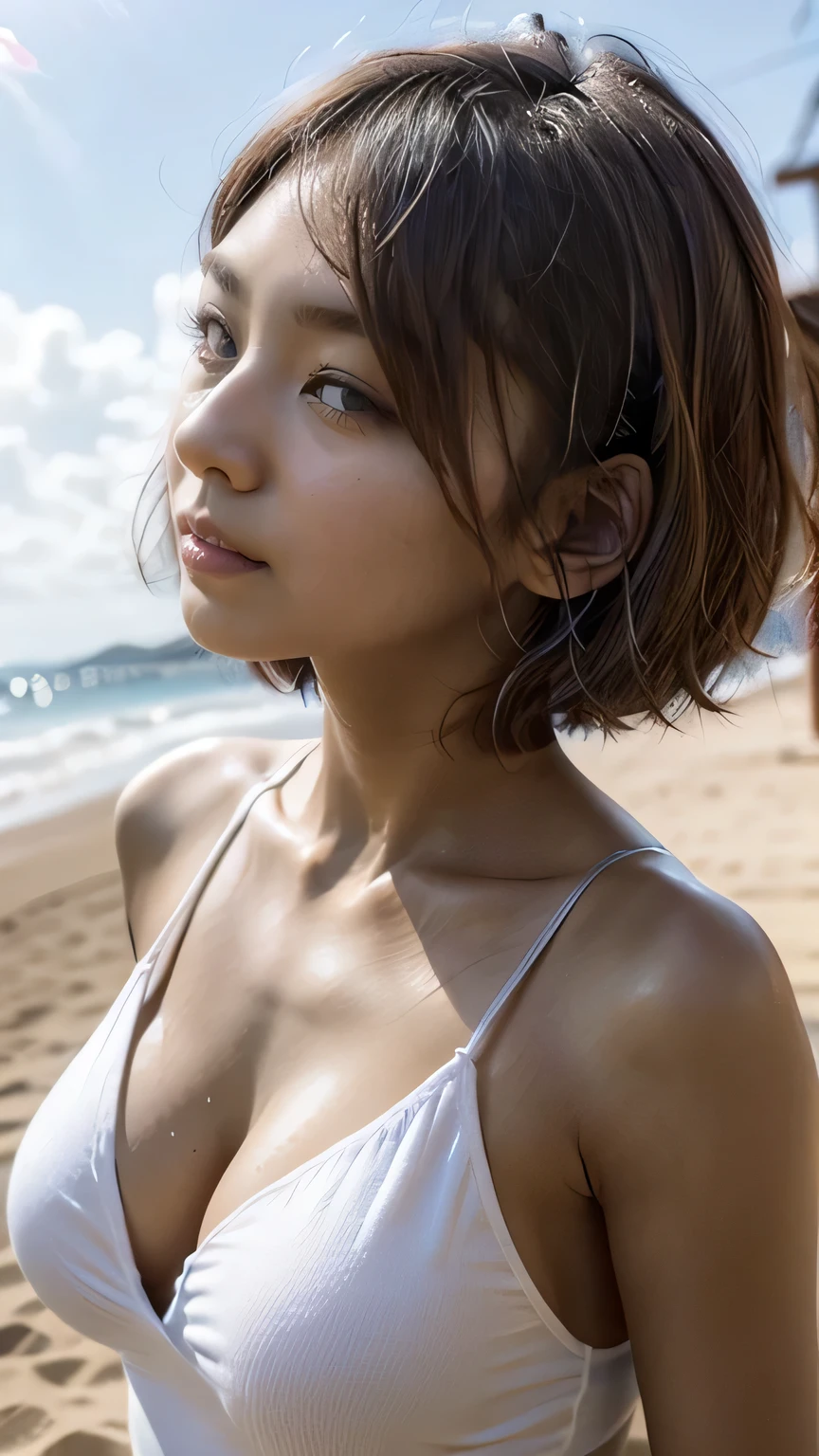 (Summer beach、Walking along the beach、Walking on the beach side:1.2、Resort、blue sky、Beautiful sea)、((A one-piece dress that fits the body、Abdominal muscles)、Sandals、Big Breasts)、the wind is strong、(Realistic、Like a photograph、Live Action、8K, Realistic, RAW Photos, Best image quality: 1.4), Single-lens reflex camera、RAW Photos, Highest quality, Realistic, Highly detailed CG Unity 8K wallpaper, Written boundary depth, Cinematic Light, Lens flare, Ray Tracing, Realistic background、((ultra high density skin))、 A girl traveling in Okinawa,Cute Japanese、(whole body:1.5)、Super detailed face、Kissing Face、Facial expressions that want to kiss),avert your eyes:1.1、(Silver inner color hair、short hair:1.2、My hair flutters in the wind:1.4)、I like that style、stylish、Very detailed、Pay attention to the details、Perfect outfit、(Sunburned skin)、Side view、Accurate hands、Accurate legs、Detailed hands and fingers、Anatomically correct body