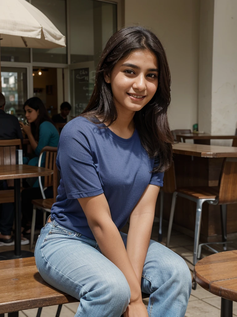 A photorealistic portrait of a 15-year-old Pakistani girl, looking elegant and stylish in a slim, smart physique. She is sitting in a cafe'e, clad in normal jeans and a bright-colored shirt tucked neatly inside. Her white skin radiates as she smiles enthusiastically at the camera, creating a natural and approachable expression. The cafe'e background should be dark, adding a touch of realism to the high-quality image.