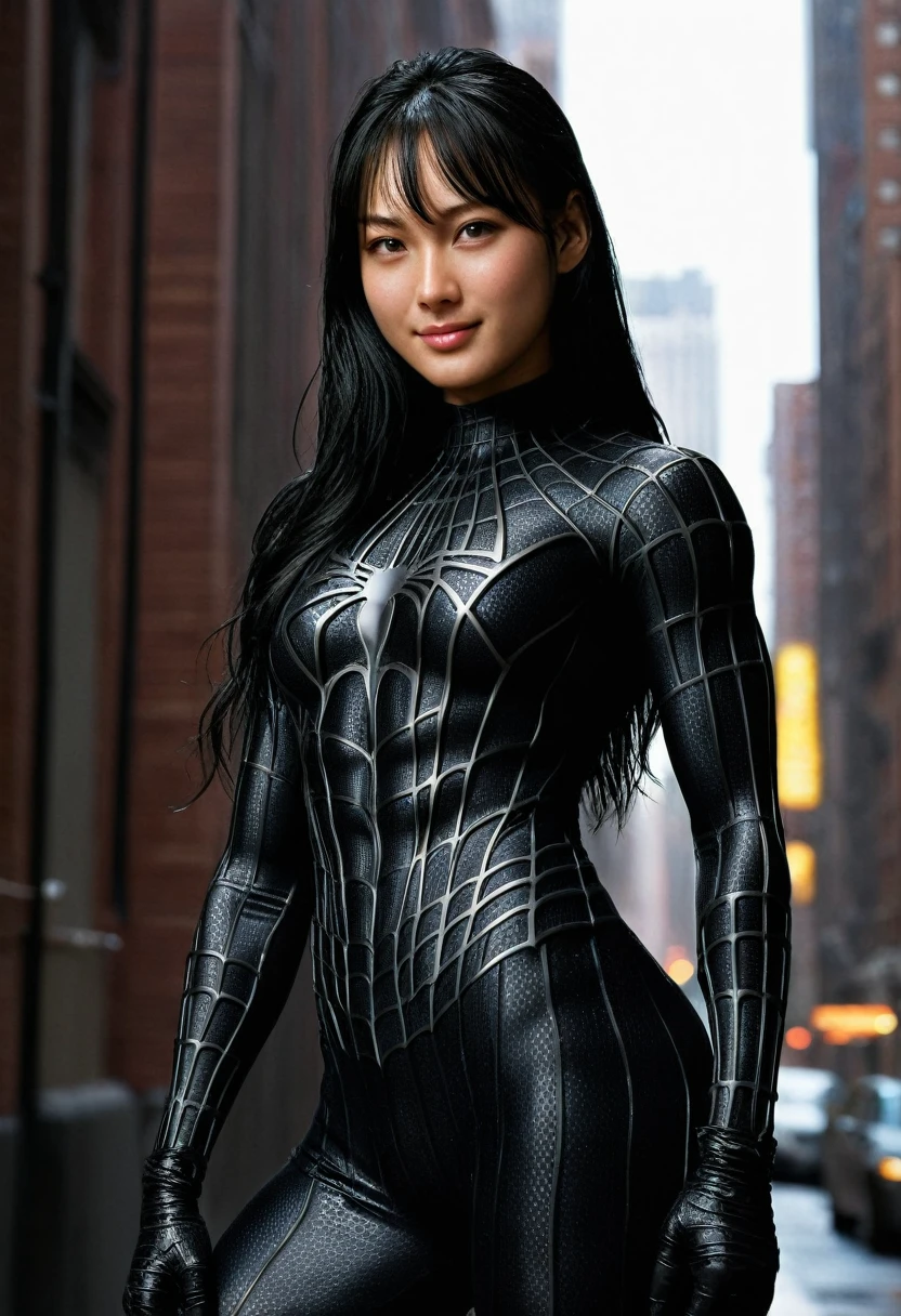 score_9, score_8_up, score_7_up, best quality, realistic, masterpiece, beautiful detail, hyperrealistic, (1girl, woman body, smile, black hair), big breasts:1, amazing detailed full body portrait of a beautiful japanese girl, defined muscle girl, wearing a realistic and highly detailed black raimi spider-man suit, ((huge muscular girl)), professional model wears ultra - detailed black raimi spider - man suit, ultra - detailed and grained black raimi spiderman suit, suit covered entire body and hand, black spiderman gloves, wet, (romantic scene), (full body), (dirty skin), close up, octane render, highly detailed, volumetric, dramatic lighting, (highest quality:1.1), (HDR:1.3), (top quality, best quality), realistic, high definition,