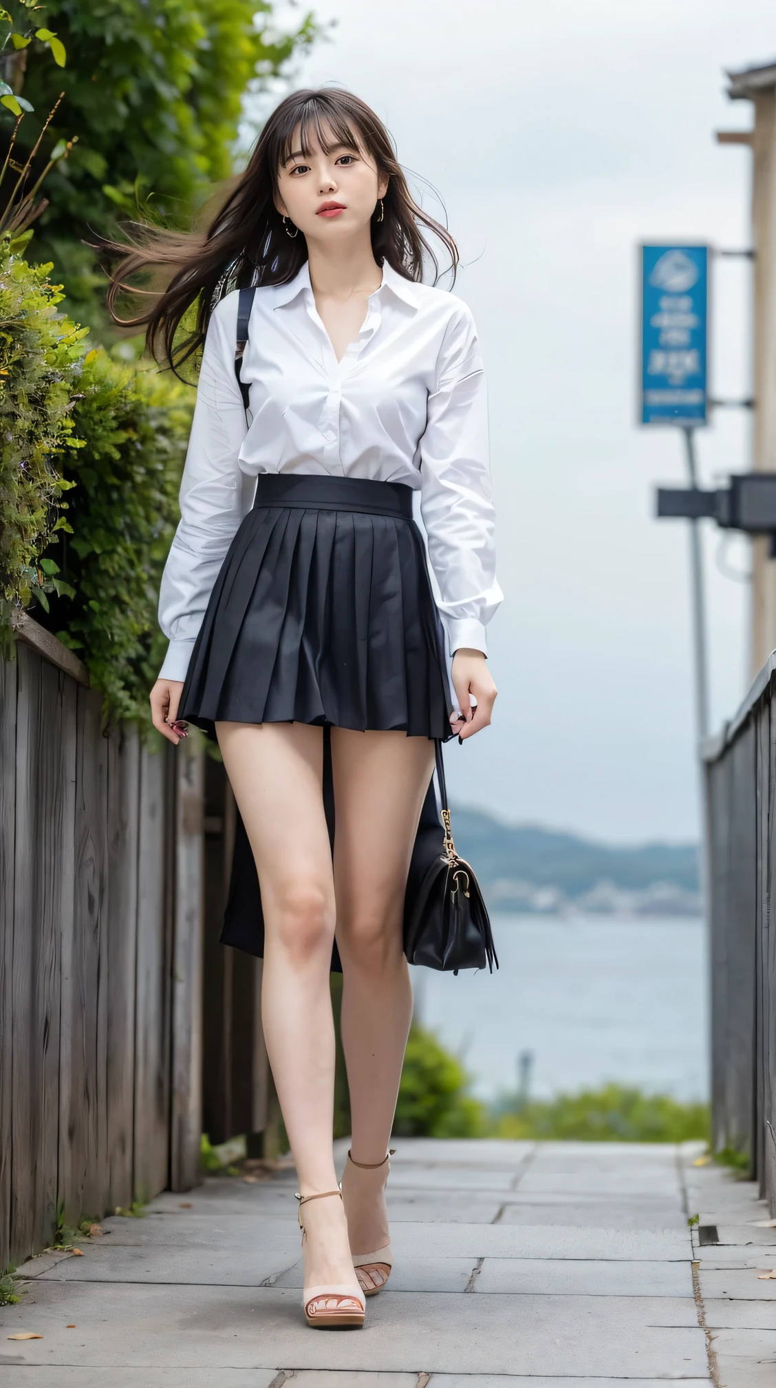 ((Viewing angle from below、Highest quality、masterpiece、32k、Every detail))、(((A strong wind blew her hair and skirt away.:1.62)))、Descend the outdoor stairs、commute、Systemic symptoms、、White blouse、(((Mini Pleated Skirt,.22)))、(( I always wear the strap of my bag across my body...:1.22))、One Girl, alone、、barefoot, High heels))))