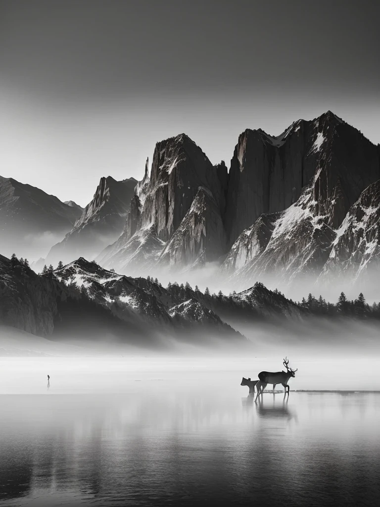 A herd of deer walking on the lake in front of the mountains, Fanhao Photography, In the peaceful scenery, by Xia Yong, author:Li Tang, by Liang Kai, author Shang Xi, author:Ren Xiong, by Cheng Jiasui, Nguyen Gia, author:Song Xu, Shen Quan, author:Wang Yuan, Chinese scenery, The Minimalists