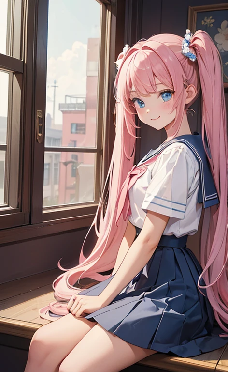 (masterpiece, top quality, very aesthetic, 4k、), intricate detail, 1girl,Sit on the window sill and look outside、(cowboy shot)、light smile、(Super long sideburns)、
Cute 、pink hair、twintails,middle hair,sidelock ,high school girl,blue eyes、serafuku、sailor uniform、small breasts,Slim 、