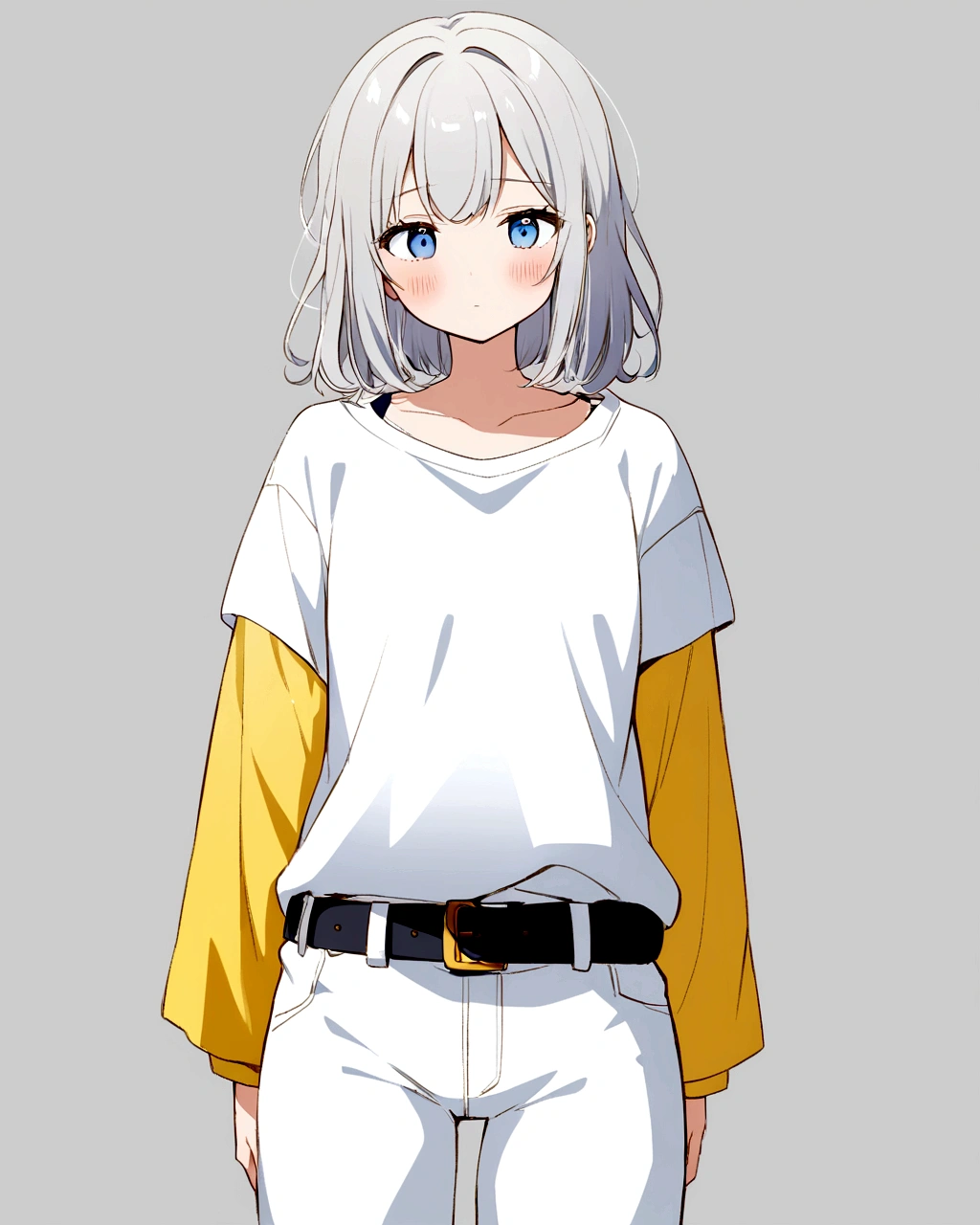An anime-style illustration of a young girl with long, wavy light gray hair and blue eyes. She is wearing an oversized white t-shirt with yellow sleeves, which is partially tucked into white pants with a black belt. The girl has a slightly melancholic expression, with light blush on her cheeks. The background is a simple, light gray color.