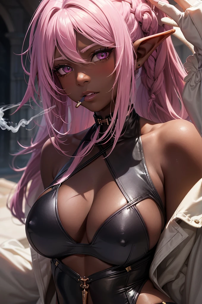 (solo:2, dark skin 1000 yo cool elf woman, Dreadlocks:1.4 pink hair long hair, sexy silver eyes, smoking Cigarette in mouth, glossy lips, serious face, blushing), (in a detailed sexy Cross string swimsuit), break, in the castle Dressing room, BREAK, perfect anatomy, masterpiece, best quality, 16k, beautiful detailed grow, daydreaming expression.