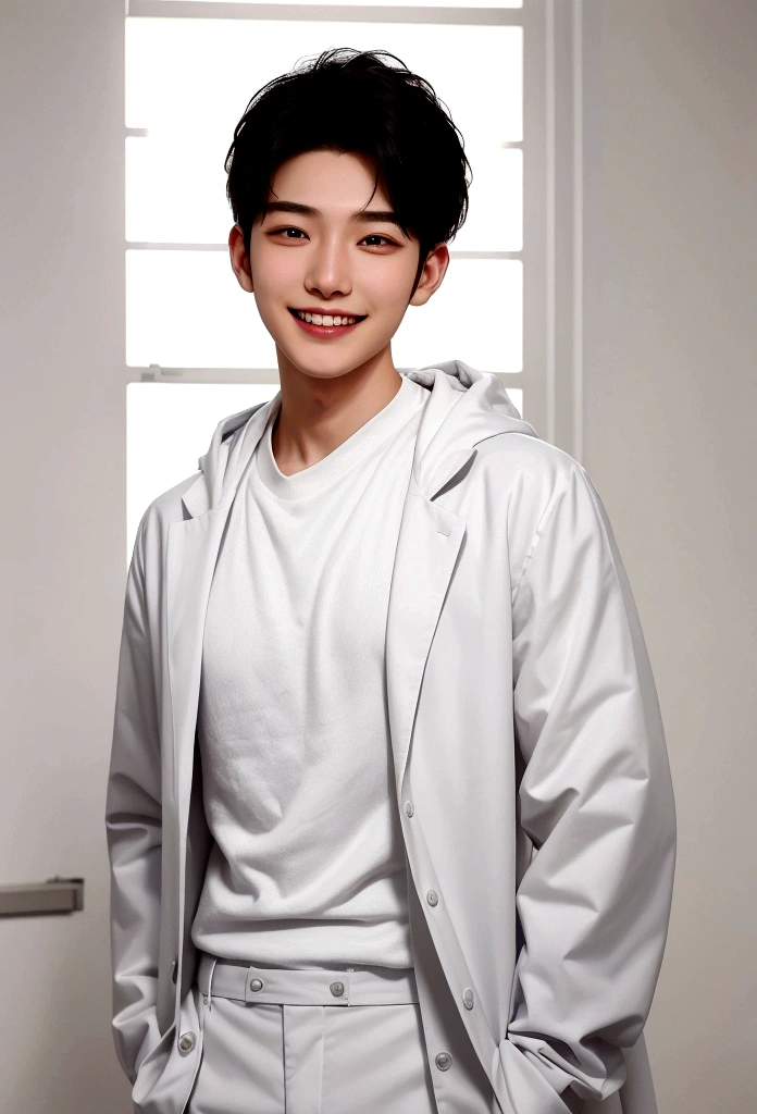 Imagine an image of a young man wearing a white lab coat. Under the lab coat he wears a black hoodie with a white hood and black pants. The man has medium length black hair and exudes a calm, confident demeanor. Top Quality, Ultra Detailed, , (Korean), Long Body, Background is White, (Beautiful), (Long Body)) Big Smile, Top Quality, Ultra Detailed, Illustration, Ultra Detailed View, (Realistic), (Black Hair)), One Young Man, (Researcher in White Coat)), (No Glasses), Twink, (Fair Skin), (Knowledgeable), (Korean), Long Body, (White Shirt)), Clean Lab, (Beautiful), (Long Body)) Big Smile, He has a bright and cheerful expression, smiling wide and showing his teeth. He has a very big smile, his eyes are almost closed and he is looking straight into the camera. The background is bright and white, giving the image a clean and fresh look.