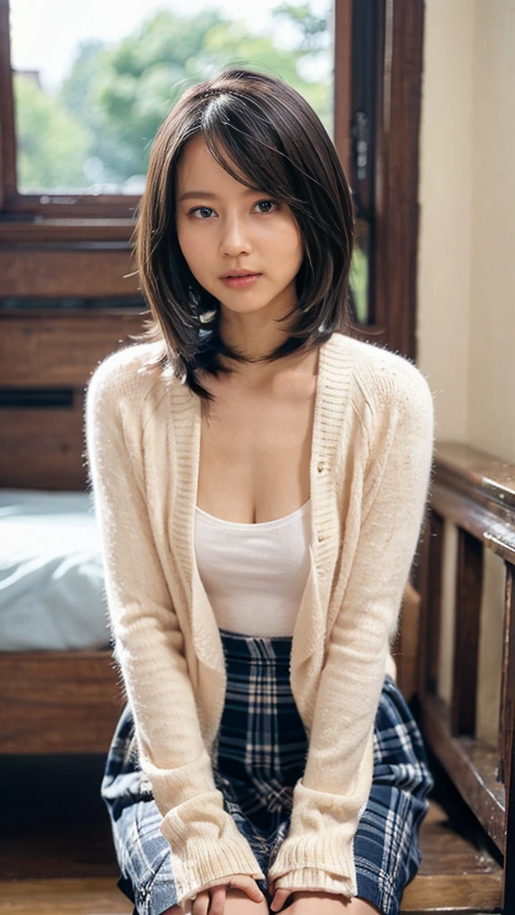 alone、Natural body shape、White skin、Natural Makeup、Black Hair、bangs、Straight Long Hair、、(expensive  、Beige long sleeve cardigan、White blouse、Blue plaid pleated skirt)、、(Big Breasts:1.3)、((The upper body is wearing a uniform))、(((((Looking into the camera)))))、(((Portrait from head to knee)))、(((Exposing your thighs)))、Bedroom、On the bed、Sitting、((Focus on the crotch))