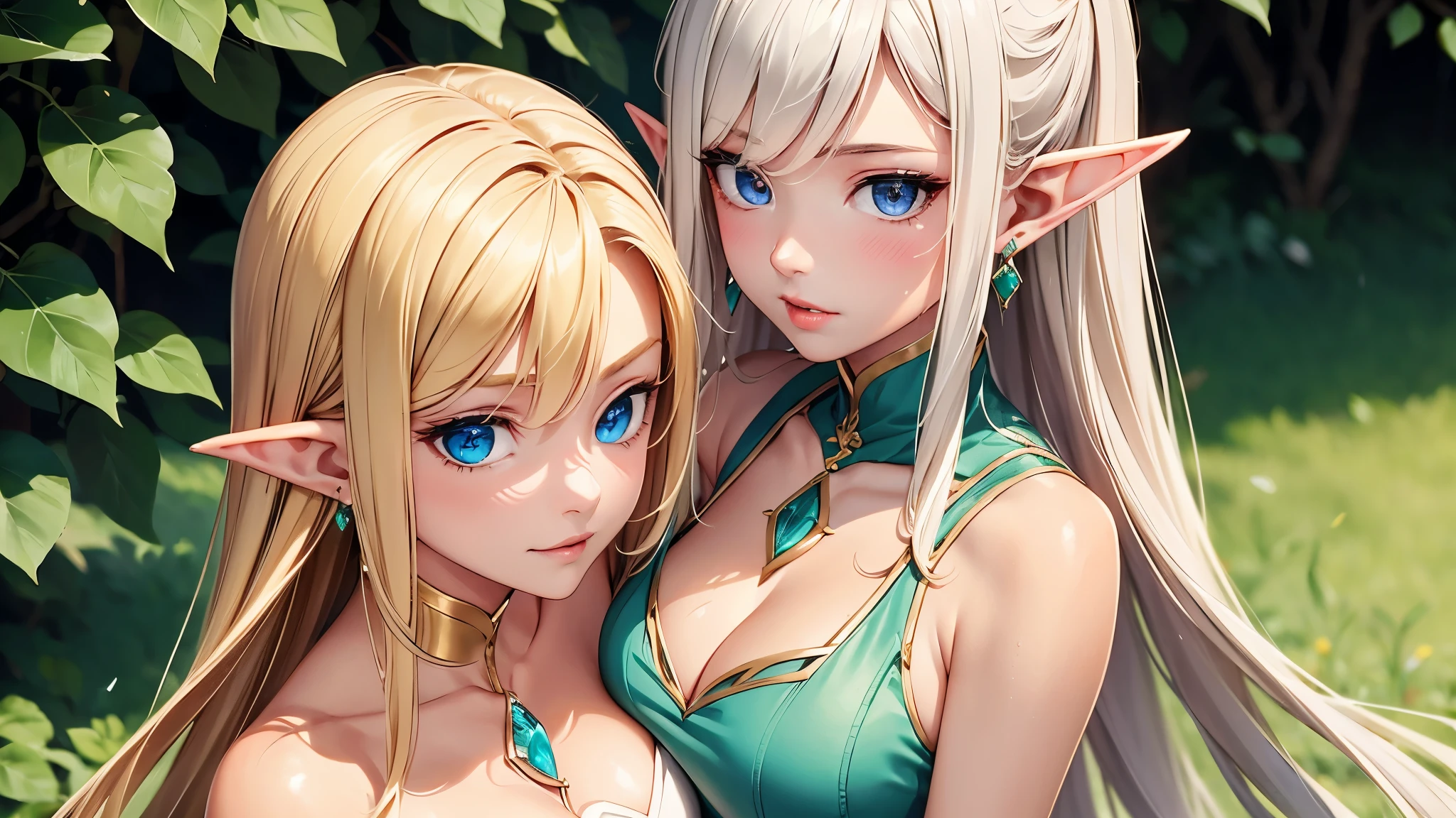 1 girl, Beautiful elf lady, blonde Long straight hair, upturn elf pointy ears, sexy figure, hot body, perfect breast, charming cleavage, very beautiful face, detailed face, delicate eyes, detailed pupil, beautiful and delicate lips, pale skin, light blush, shy, heart, in love, white camisole long skirt, Simple and stylish, small crystal earrings, hand drawn animation, (portrait:1.3), high detailed, outdoor, symmetrical clothes, best quality, masterpiece,