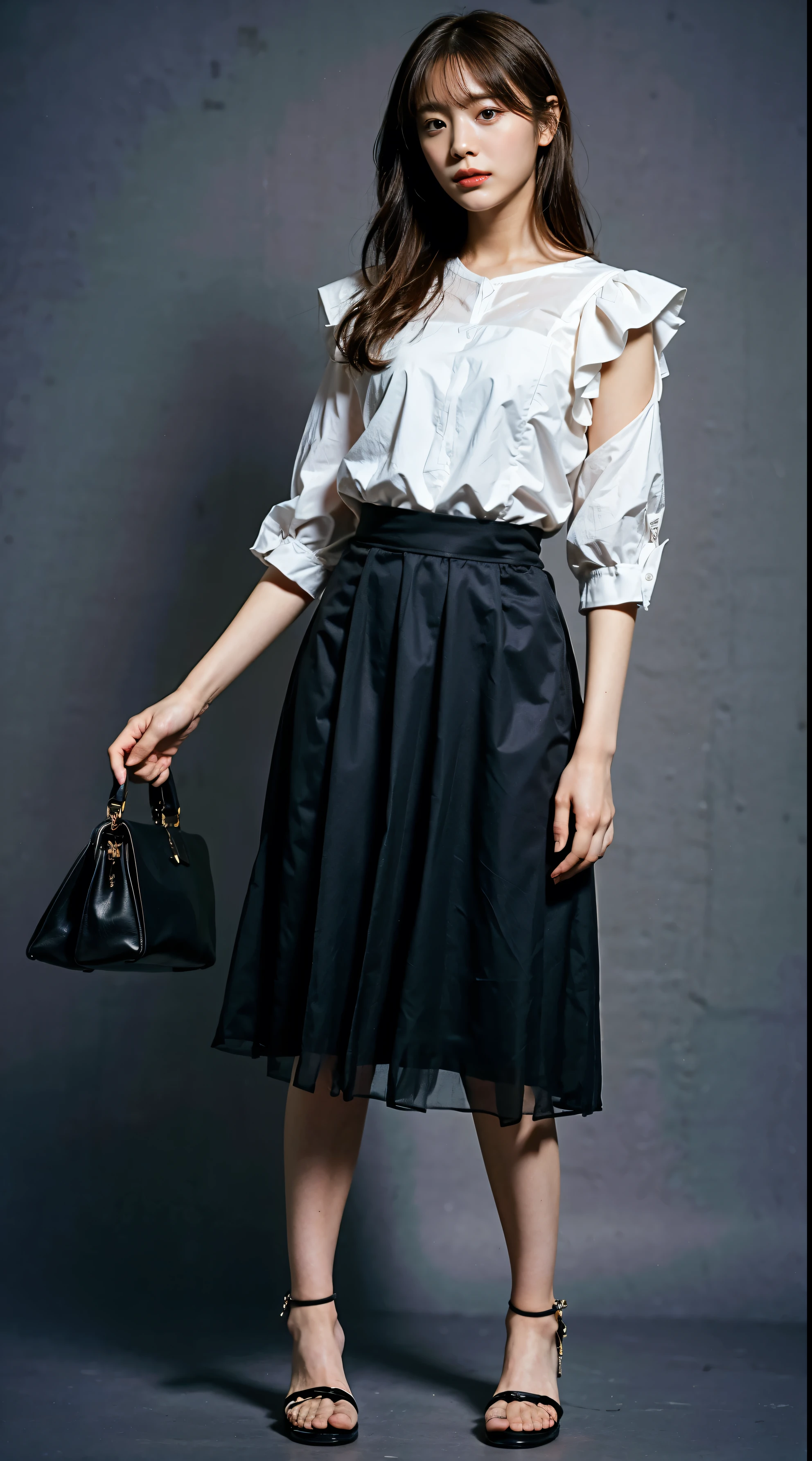 (8K、RAW Photos、Highest quality、masterpiece:1.2)、(Realistic、Photorealistic)、1 Girl、There is a mole next to the eye、((Black Dress、Frills、See-through white skirt with sleeves、Very sandals、))、Lots of eyelashes、Add shine to your eyelids、skeletally correct、Sweaty body、Beautifully trimmed fingertips、smile、Stand with hands on hips、 the sky、