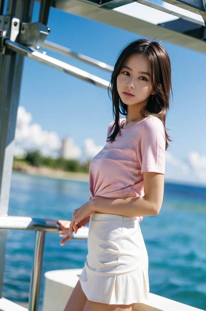 (8K, RAW Photos, Highest quality, masterpiece:1.2), masterpiece, Highest quality, shape, Very detailed, Fine details, High resolution, 8K,wallpaper, Perfect dynamic composition,(High quality with attention to detail, Realistic depiction of eyes:1.3)、A woman who has been and has her Hand tied、Put your arms around your back、Hand tie,Standing on a yacht in the ocean、Tartan Check Pleated Skirt、whole body、A strong wind blows and flips up my skirt、White panties are visible、The whole is facing forward、21talent、beauty、Well-formed face、Even out the eyes、Beautiful black hair、Bangedium Build、Balanced proportions、Beautiful feet、Short sleeve blouse、Fresh face、Beautiful views、