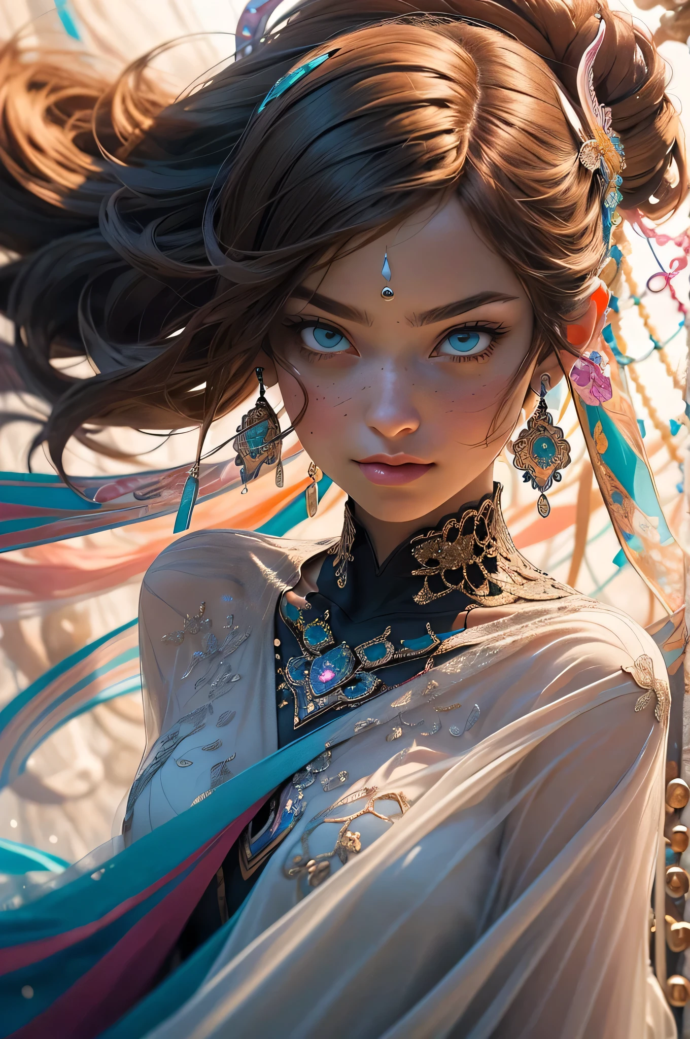 Full body shot, ((masterpiece))), (((best quality))), ((ultra-detailed)), (hyperrealistic), (highly detailed CG illustration), ((an extremely delicate and beautiful)),cinematic light, Create a stunning anime artwork that is currently trending on ArtStation, showcasing exquisite beauty and captivating aesthetics. The art piece should be highly detailed, featuring a compelling character and a visually appealing environment. 
The character in the artwork is a graceful and enchanting figure, young, radiating an aura of elegance. Pay close attention to intricate facial features, such as mesmerizing eyes with vibrant colors and delicate shading.  Hair (((Light brown hair, long, floating in the air, wrapped around her))).
The character's clothing should be designed with elaborate patterns, flowing see-through fabrics, and rich textures, reflecting a blend of fantasy and contemporary fashion. 
Place the character in a captivating ethereal environment that enhances the overall appeal of the artwork.  a mystical realm filled with magical elements. Incorporate vibrant colors, dynamic lighting, and detailed background elements to create a sense of depth and immersion. action pose. growling face.
Consider the latest trends in anime art, such as incorporating unique lighting effects, exploring creative composition techniques, or experimenting with unconventional color palettes. 
Take inspiration from the top artists on ArtStation and their exceptional execution of various art styles and themes. Camera: Choose an angle that highlights the character's beauty and the immersive environment. Lighting: Utilize atmospheric lighting techniques to create depth and mood. Resolution: Aim for a high-resolution artwork to showcase intricate details and clarity. Art Inspirations: Seek inspiration from the trending artists on ArtStation, exploring different styles, genres, and themes.
