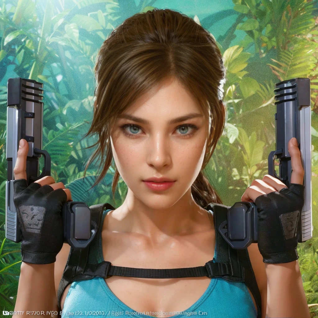 Lara Croft, brown eyes, (best quality, ultra-detailed), (realistic:1.37), beautiful and detailed face, ultra-realistic texture, delicate face, delicate body, red lipstick, bright colors. high definition, 8K, 