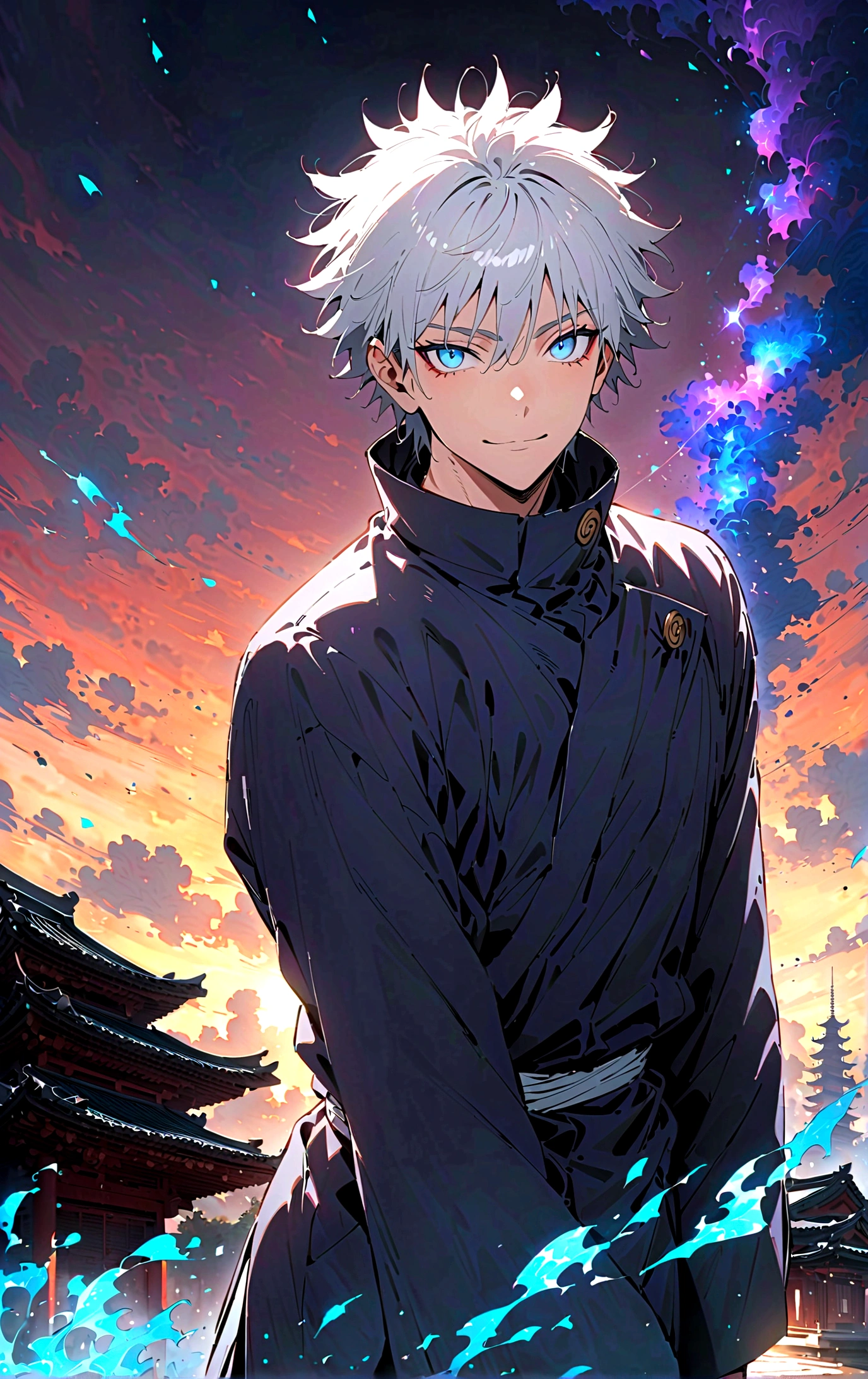 (masterpiece:1.3),(Highest quality:1.4),(Very detailedな:1.5),High resolution,Very detailed,8K,(1 male,Gojo Satoru,JUJUTSU KAİSEN,Gray Hair)Gojo Satoru,Be confident々smile,Beautiful Blue Eyes、(The background is blue and purple space)