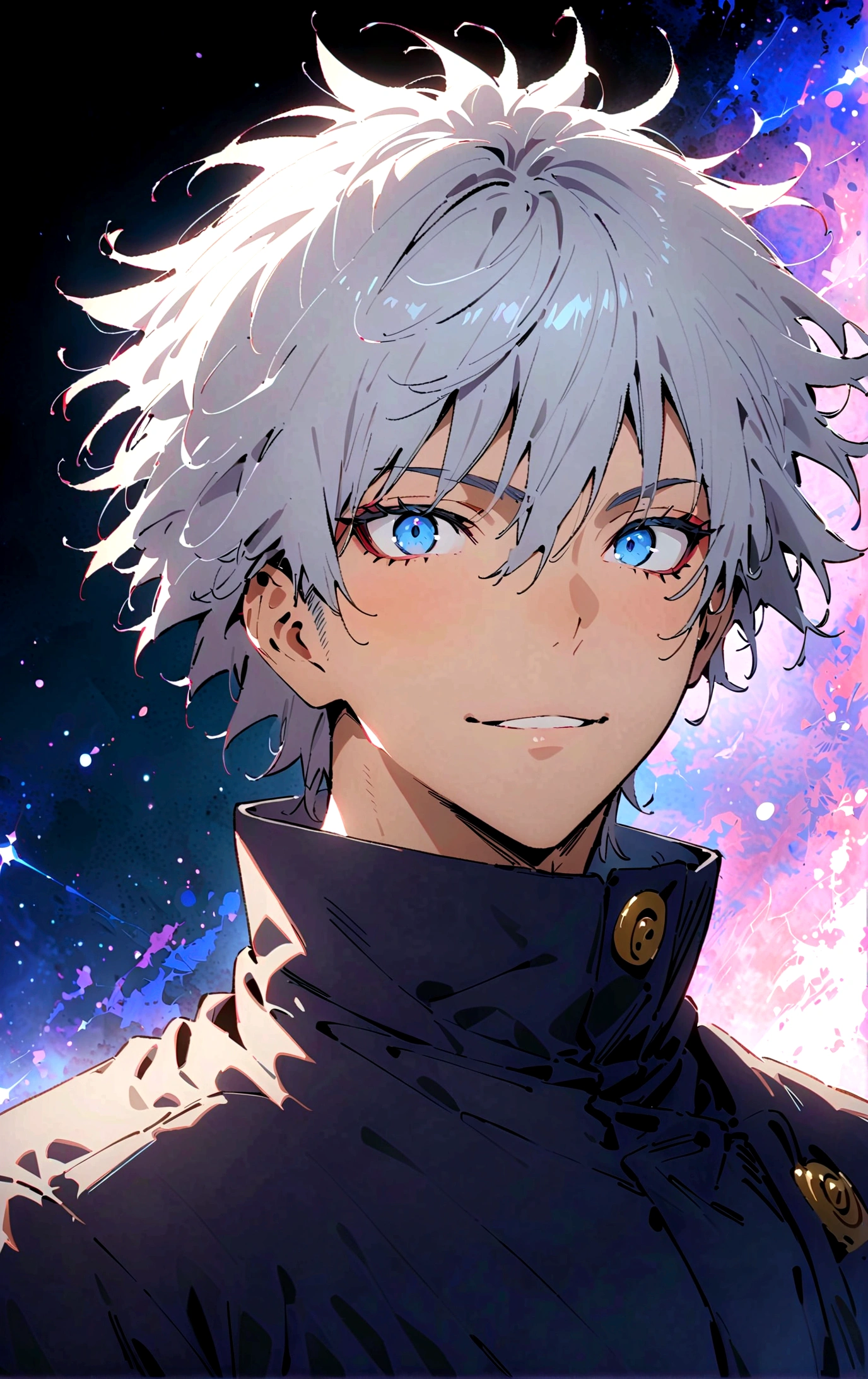 (masterpiece:1.3),(Highest quality:1.4),(Very detailedな:1.5),High resolution,Very detailed,8K,(1 male,Gojo Satoru,JUJUTSU KAİSEN,Gray Hair)Gojo Satoru,Be confident々smile,Beautiful Blue Eyes、(The background is blue and purple space)