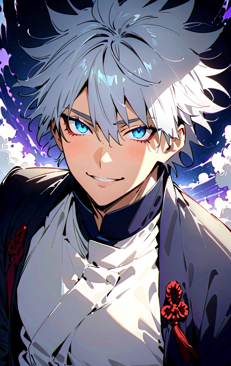 (masterpiece:1.3),(Highest quality:1.4),(Very detailedな:1.5),High resolution,Very detailed,8K,(1 male,Gojo Satoru,JUJUTSU KAİSEN,Gray Hair)Gojo Satoru,Be confident々smile,Beautiful Blue Eyes、(The background is blue and purple space)
