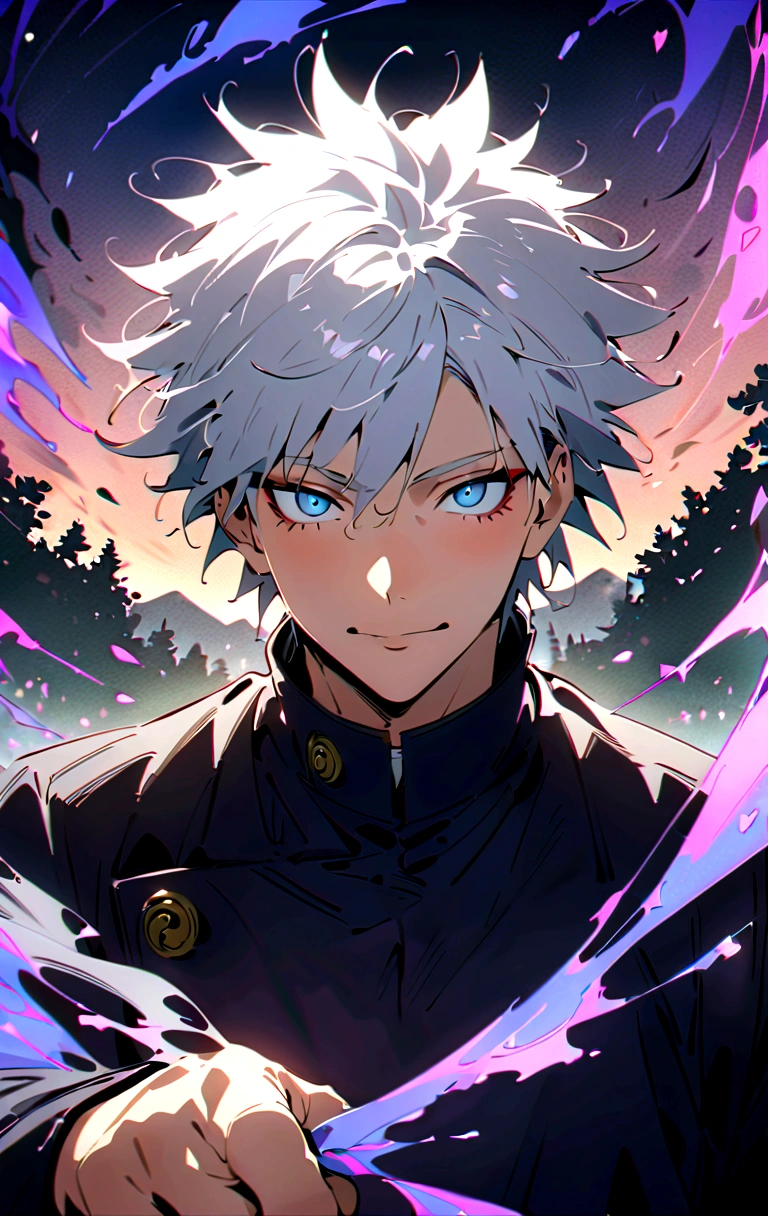 (masterpiece:1.3),(Highest quality:1.4),(Very detailedな:1.5),High resolution,Very detailed,8K,(1 male,Gojo Satoru,JUJUTSU KAİSEN,Gray Hair)Gojo Satoru,Be confident々smile,Beautiful Blue Eyes、(The background is blue and purple space)