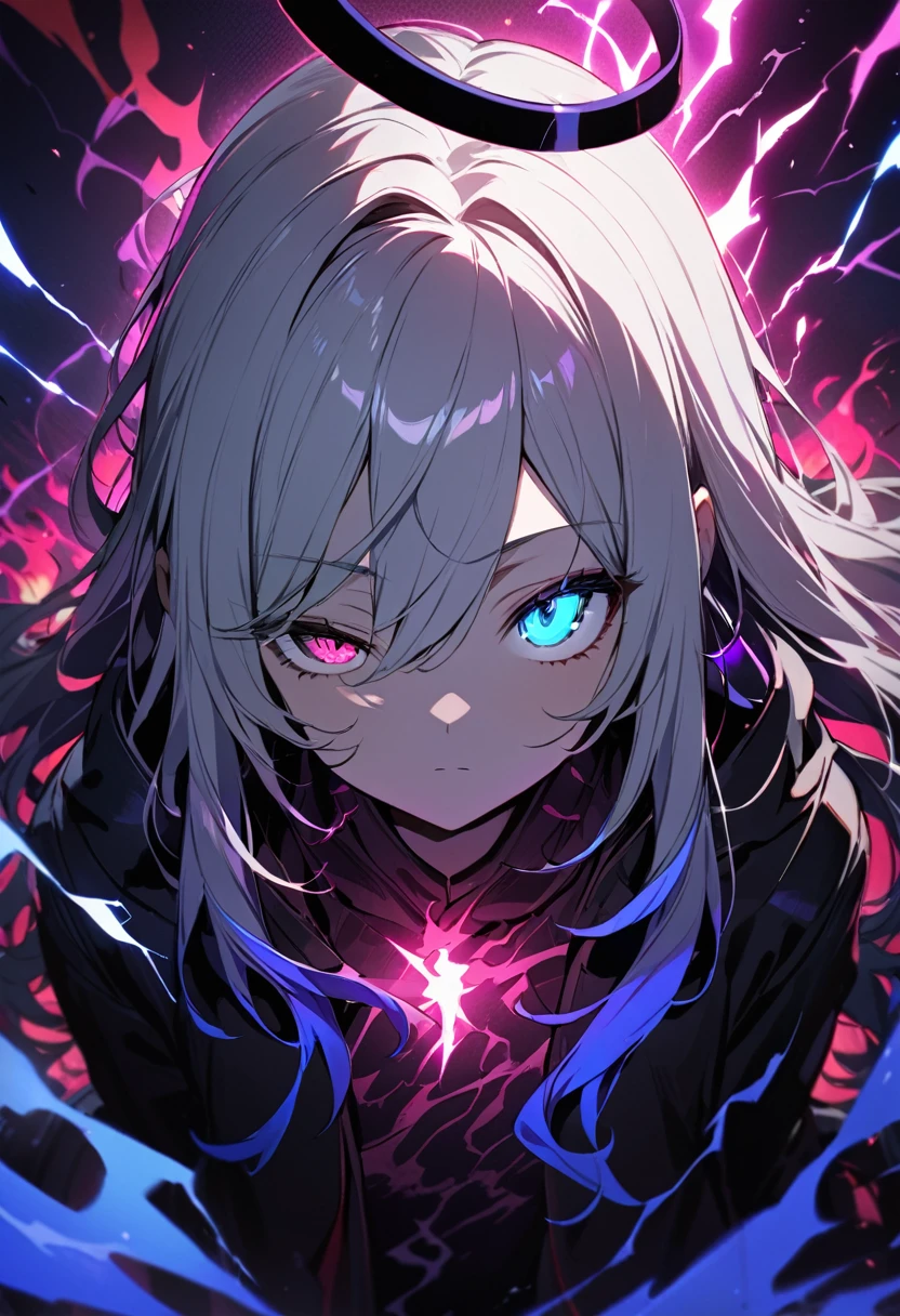 elementary, Shadow Surrounding Girl, lightning, Green Aura, Red aura, Purple aura, Flames surrounding the girl, masterpiece, Dark Theme, Highest quality, Maximum details, Very fine eye, Professional coloring, cinematic lightning, Remaining, Written boundary depth, Backlight, One Girl, Young girl, Silver Hair, Long Hair, Black halo, Shining blue sea, Blue Flame, Fantasy-inspired costumes, Black long coat, shirt, Black trousers, Expressionless, heterochromatic eyes, Heterochromia iridis, Purple left eye and blue right eye, Odd Eye, Glowing Eyes, Show a close-up of your face