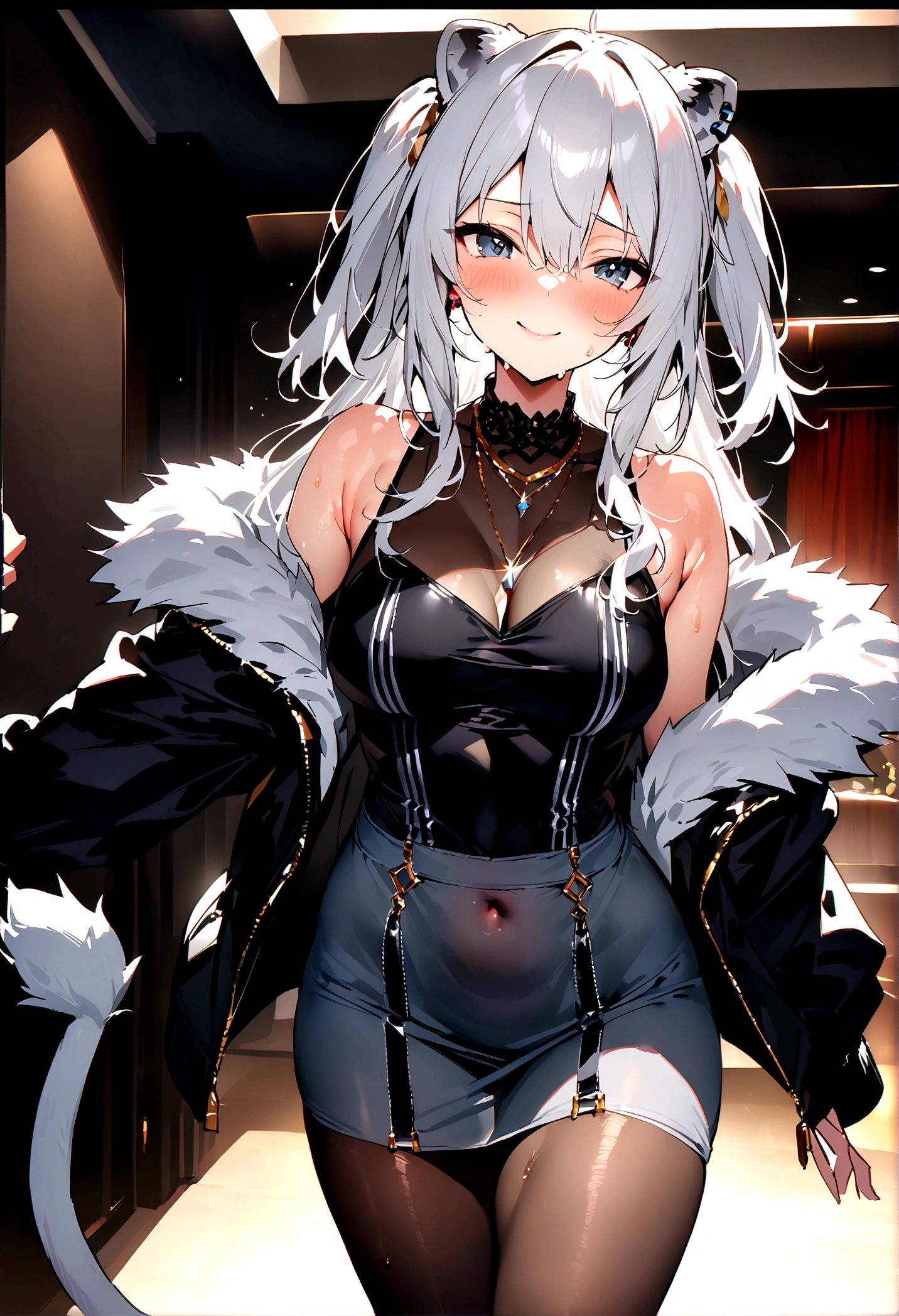 NSFW,masterpiece,Highest quality,High resolution,Super detailed,Shishirabotan\(Hololive\),Long Hair、Two Side Up、Earrings、Lion&#39;s Tail,necklace、Black Shirt、Sleeveless shirt、abdomen、See-through、Grey Skirt、片足pantyhose、pantyhose、fur-trimmed jacket、Black jacket、Off the shoulder,smile,blush,(Sweat),Luxurious Room,Party Venue