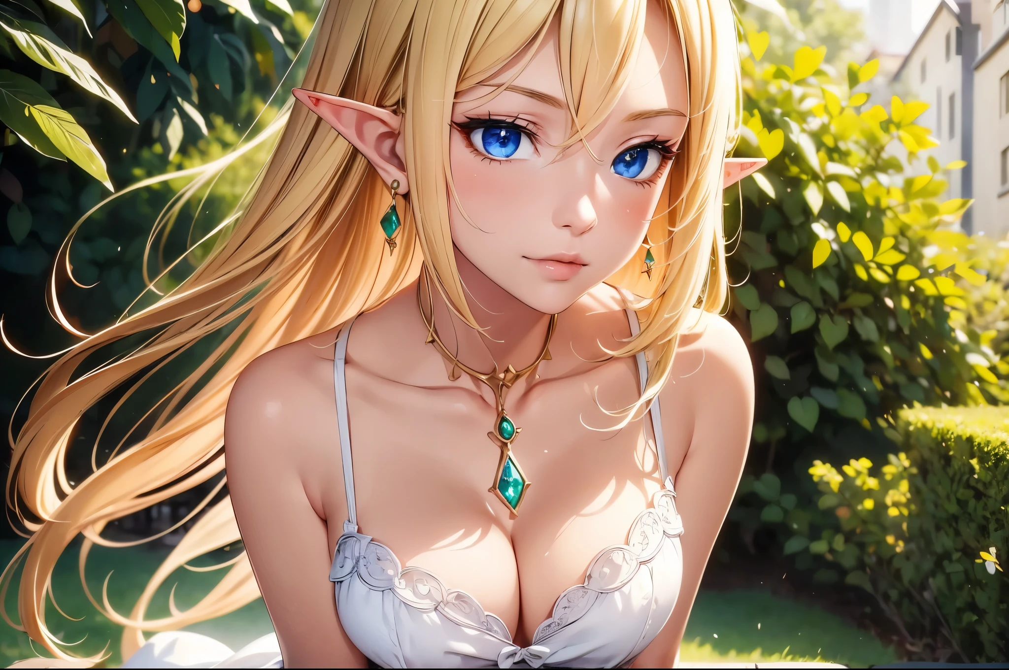 1 girl, Beautiful elf lady, blonde Long straight hair, upturn elf pointy ears, sexy figure, hot body, perfect breast, charming cleavage, very beautiful face, detailed face, delicate eyes, detailed pupil, beautiful and delicate lips, pale skin, light blush, shy, heart, in love, white camisole long skirt, Simple and stylish, small crystal earrings, hand drawn animation, (portrait:1.3), high detailed, outdoor, symmetrical clothes, best quality, masterpiece,