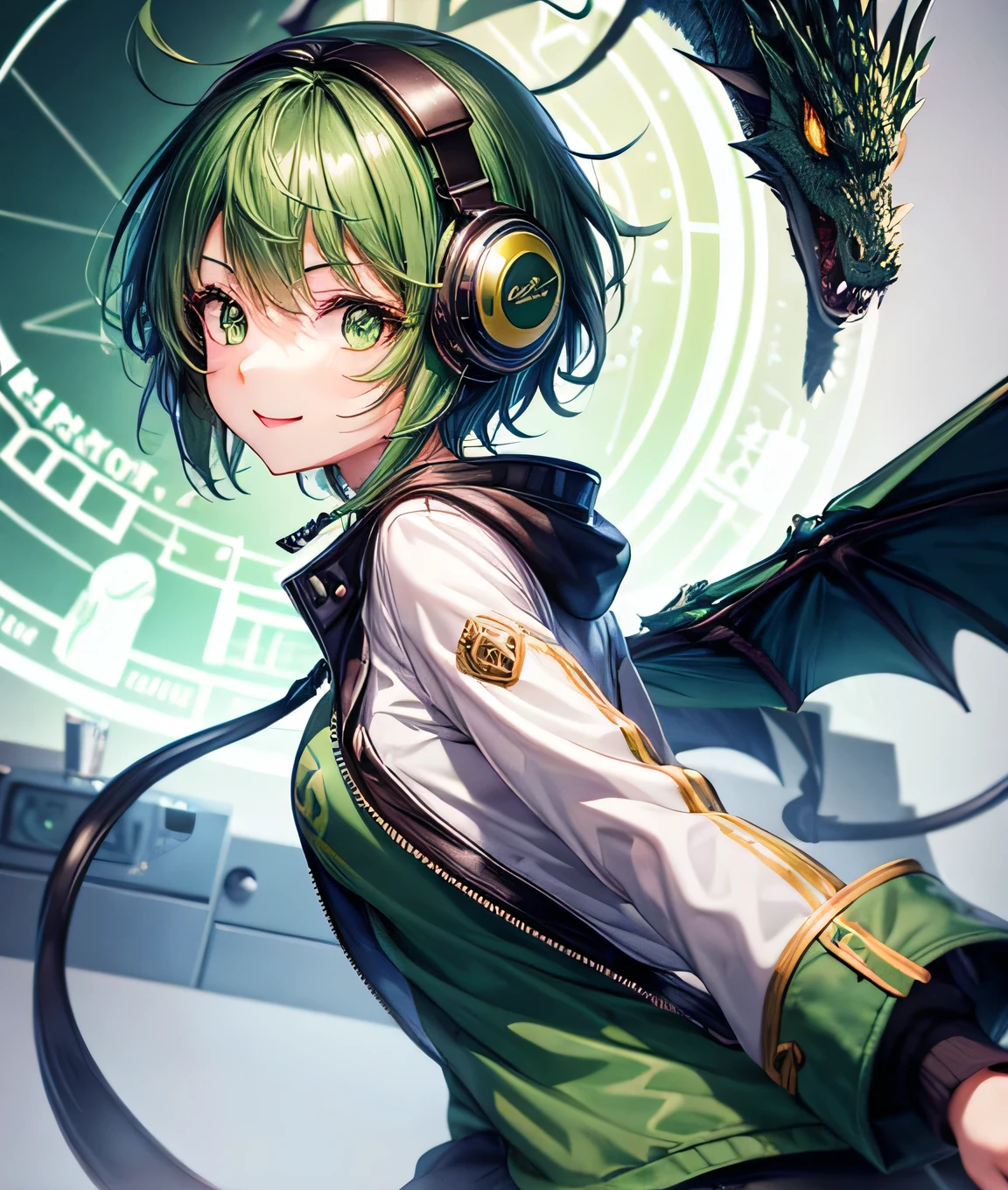 1Girl, cute, tomboy, happy, short green hair, green eyes, dragon horn headphone, jacket, magic circle