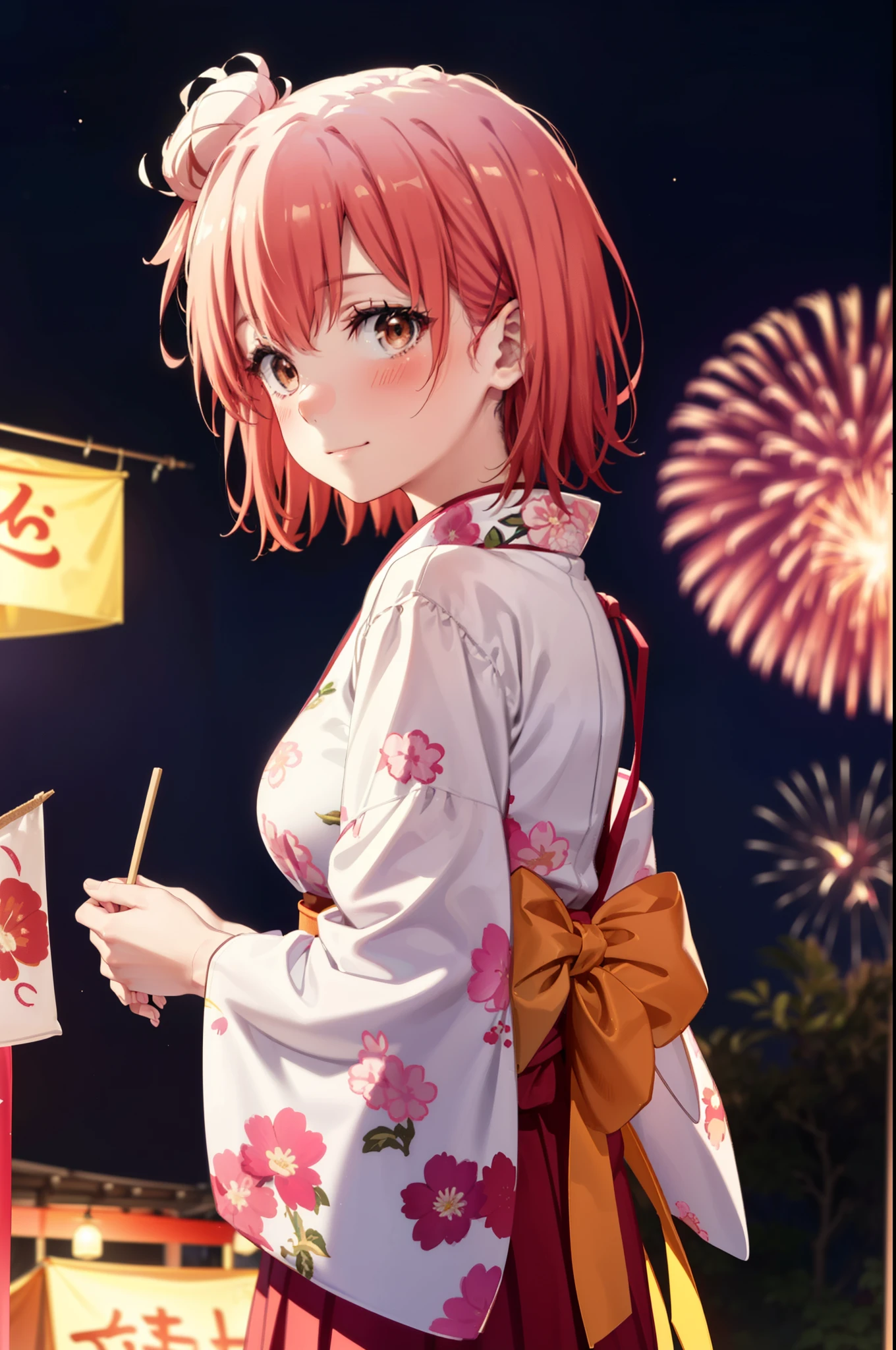 yuiyuigahama, yui yuigahama, short hair, (Brown eyes:1.5), (Pink Hair:1.2), smile,blush,Hair Bun,single Hair Bun, smile,Flower Hair Ornaments,Big Breasts,Pink kimono,Thick sleeves,Pink long skirt,Japanese Festivals,Summer festival food stalls,Red lantern,Fireworks in the night sky、Fireworks,The place is a fireworks display,Time is night,whole bodyがイラストに入るように
break outdoors, shrine,
break looking at viewer, whole body, (Cowboy Shot:1. 5)
break (masterpiece:1.2), Highest quality, High resolution, unity 8k wallpaper, (figure:0.8), (Beautiful attention to detail:1.6), Highly detailed face, Perfect lighting, Highly detailed CG, (Perfect hands, Perfect Anatomy),