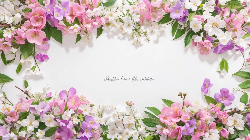 White background in the center、Colorful multicolored flowers, Bohemian Flower Vine, Floral Background, flower details, 夢のようなFloral Background, floral motif, Dreams of flowers, pressed flower, Floral, White background without shadows, 8K、A wreath made of cherry blossom branches and flowers