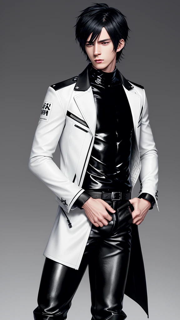 Touken ranbu taste and reality graphics, Japanese young cute and cool ikemen boy, his age is early 20s, thin eyebrows and beady eyes, he wearing off white color leather thick singlebrest biker jacket, with epaulet, must close the front of the leather jacket, jacket is biker style, jacket is voluminous, , jacket collar is high length stand-up collar with belts, jacket is a little black line pattern,close the front of the jacket, also wearing black thick turtleneck lackluster shirts, tight black leather pants, shiny black leather tight and thin glove, black leather knee-high raceup boots,must views head-to-toe,must views whole body, boy looks like fashion model,Do not show skin from the neck down,leather jacket leather glove and leather pants have few wrinkles,boy in the room,