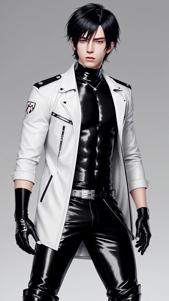 Touken ranbu taste and reality graphics, Japanese young cute and cool ikemen  boy, his age is early 20s, thin eyebrows and beady eyes,  he wearing off white color leather thick singlebrest biker jacket, with epaulet,  must close the front of the leather jacket, jacket is biker style, jacket is voluminous, , jacket collar is high length stand-up collar with belts, jacket is a little black line pattern,close the front of the jacket, also wearing black thick turtleneck lackluster shirts,  tight black leather pants, shiny black leather tight and thin glove, black leather knee-high raceup boots,must views  head-to-toe,must views whole body, boy looks like fashion model,Do not show skin from the neck down,leather jacket leather glove and leather pants have few wrinkles,boy in the room,