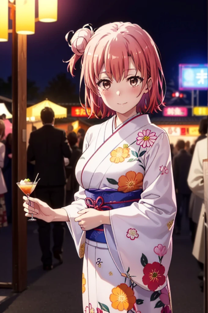 yuiyuigahama, yui yuigahama, short hair, (Brown eyes:1.5), (Pink Hair:1.2), smile,blush,Hair Bun,single Hair Bun, smile,Flower Hair Ornaments,Big Breasts,Pink kimono,Thick sleeves,Pink long skirt,Japanese Festivals,Summer festival food stalls,Red lantern,Fireworks in the night sky、Fireworks,The place is a fireworks display,Time is night,whole bodyがイラストに入るように
break outdoors, shrine,
break looking at viewer, whole body, (Cowboy Shot:1. 5)
break (masterpiece:1.2), Highest quality, High resolution, unity 8k wallpaper, (figure:0.8), (Beautiful attention to detail:1.6), Highly detailed face, Perfect lighting, Highly detailed CG, (Perfect hands, Perfect Anatomy),