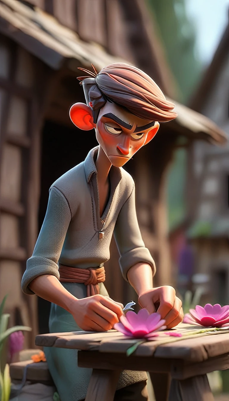 Small village setting.The boy crafting the flower necklace.