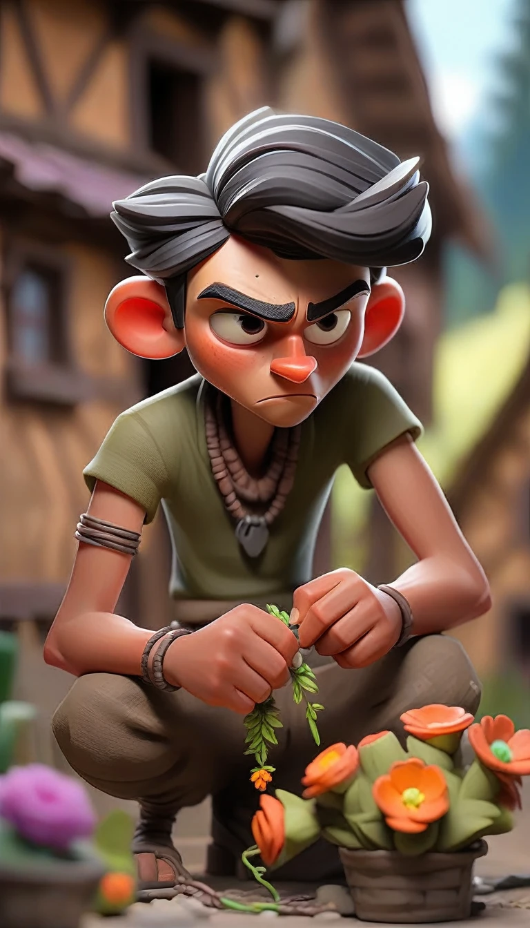 Small village setting.The boy crafting the flower necklace.