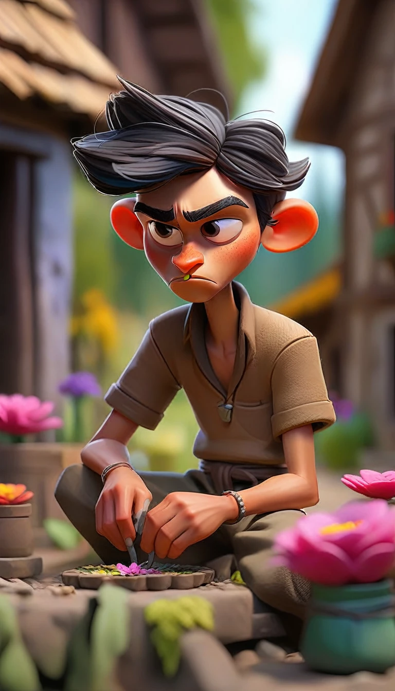 Small village setting.The boy crafting the flower necklace.
