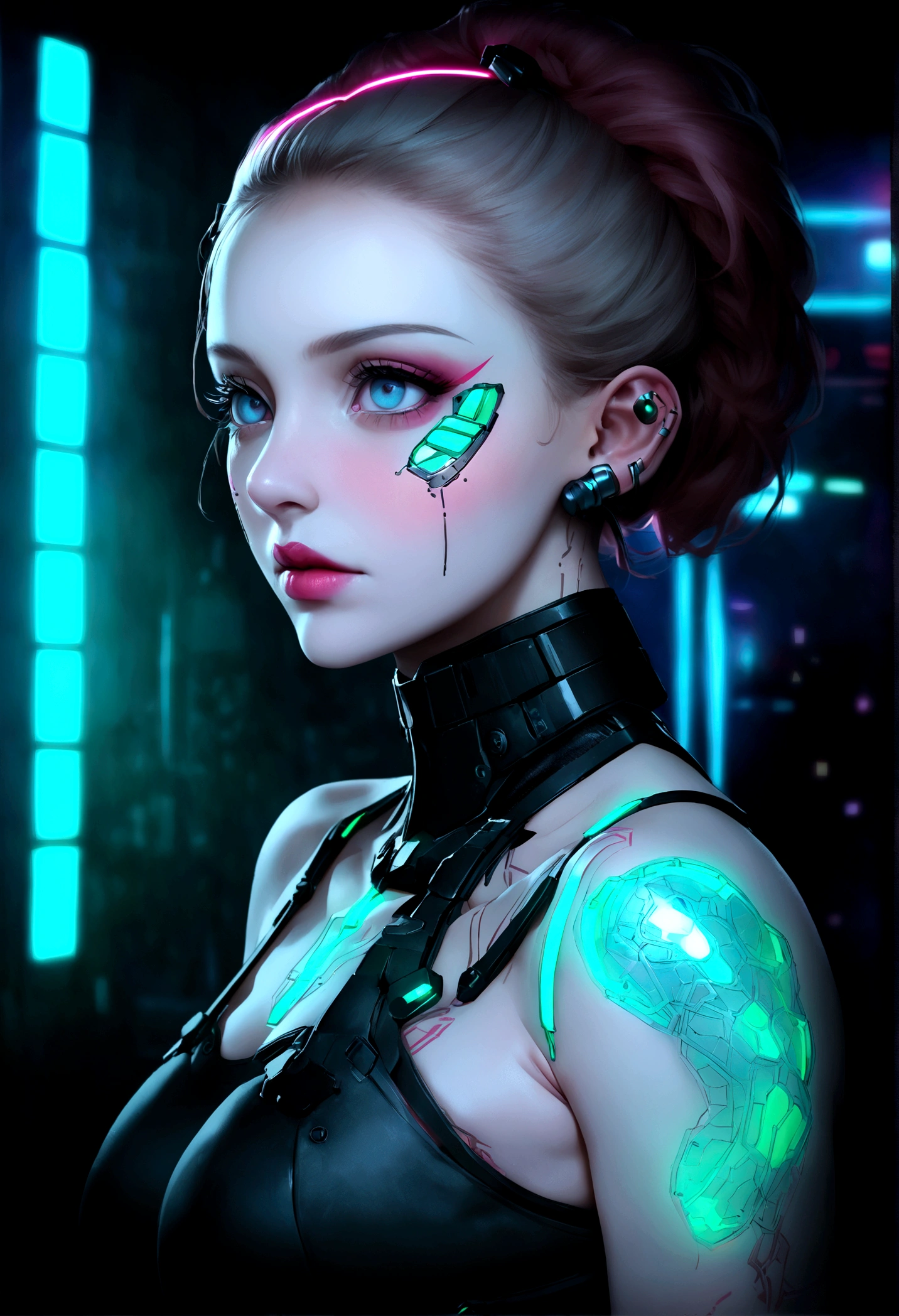 a pale woman with cyberpunk prosthetics with plugs on her body, Matrix inspired, matrix ports and plugs, maintaining the realistic portrayal of its features. "The ilumination" Dynamic neon lighting with natural light sources to highlight cyberpunk tattoos and prosthetics, maintaining realistic shadows and highlights. "Camera positioning" Camera positioning descentralizado e em close-up, Capturing dynamic poses to display cyberpunk tattoos and high-tech prosthetics in detail. "Paleta de cores" ciberpunk-inspired color palette with neon tones like electric blue, fluorescent pink, and bright green, complemented by realistic skin tones and metallic details for representation of advanced technology.
