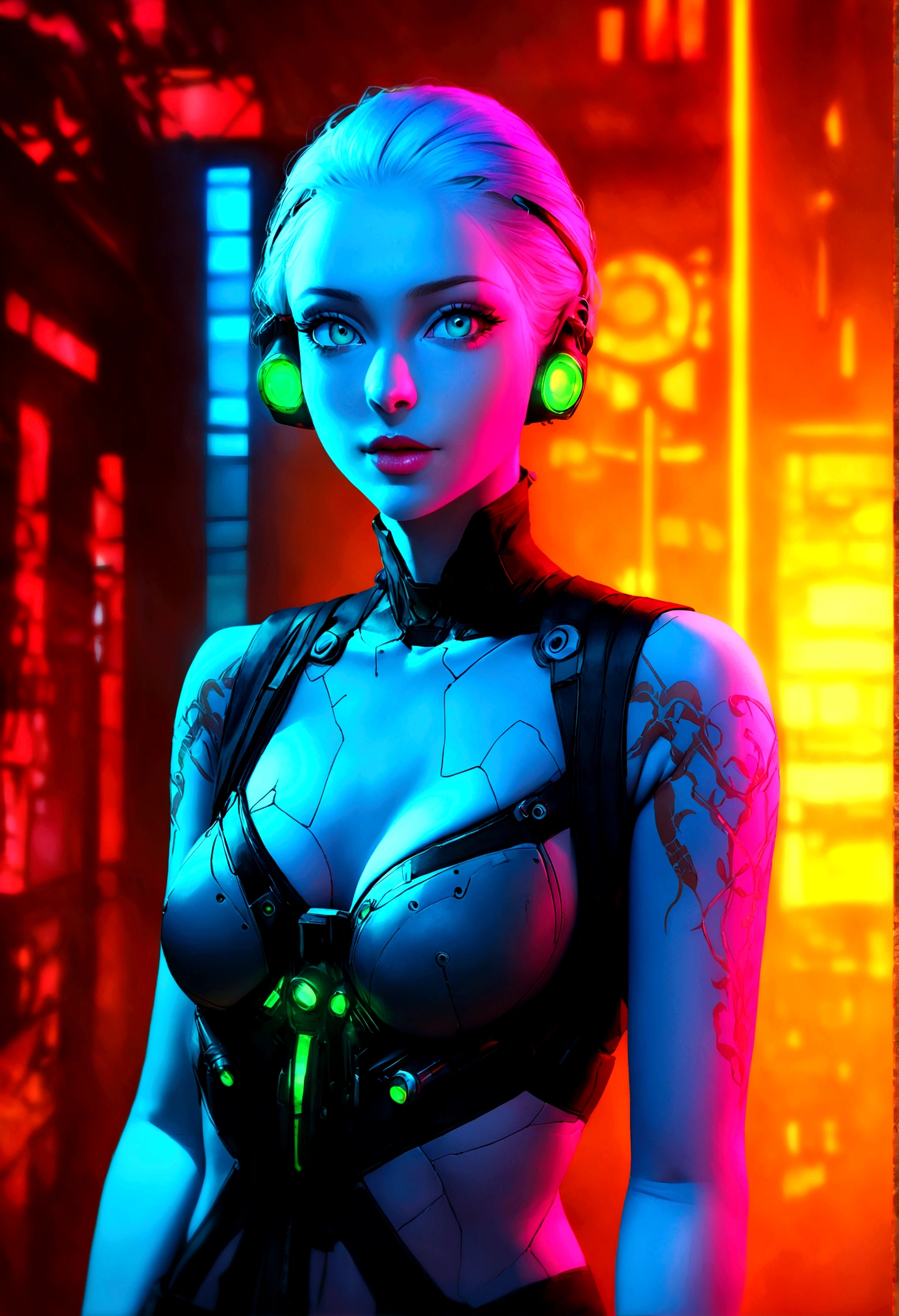 a pale woman with cyberpunk prosthetics with plugs on her body, Matrix inspired, matrix ports and plugs, maintaining the realistic portrayal of its features. "The ilumination" Dynamic neon lighting with natural light sources to highlight cyberpunk tattoos and prosthetics, maintaining realistic shadows and highlights. "Camera positioning" Camera positioning descentralizado e em close-up, Capturing dynamic poses to display cyberpunk tattoos and high-tech prosthetics in detail. "Paleta de cores" ciberpunk-inspired color palette with neon tones like electric blue, fluorescent pink, and bright green, complemented by realistic skin tones and metallic details for representation of advanced technology.