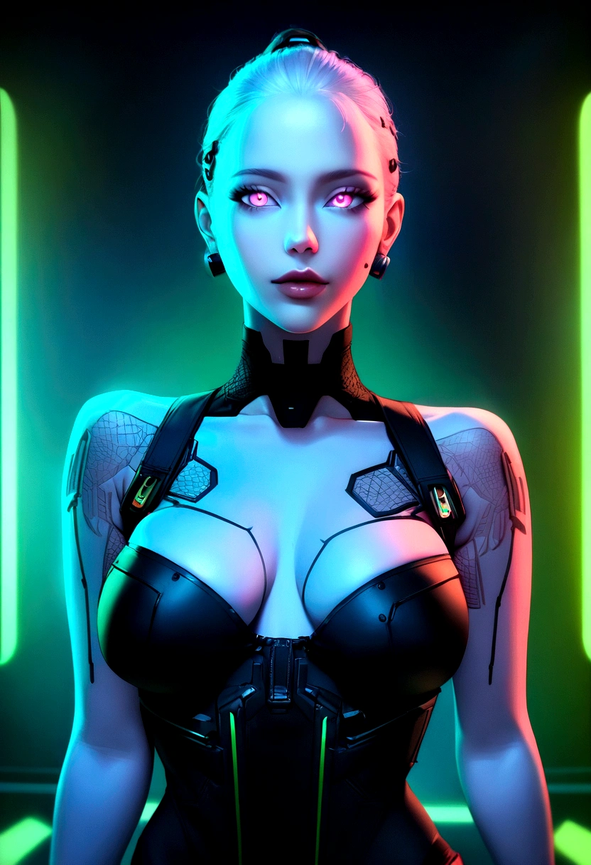 a pale woman with cyberpunk prosthetics with plugs on her body, Matrix inspired, matrix ports and plugs, maintaining the realistic portrayal of its features. "The ilumination" Dynamic neon lighting with natural light sources to highlight cyberpunk tattoos and prosthetics, maintaining realistic shadows and highlights. "Camera positioning" Camera positioning descentralizado e em close-up, Capturing dynamic poses to display cyberpunk tattoos and high-tech prosthetics in detail. "Paleta de cores" ciberpunk-inspired color palette with neon tones like electric blue, fluorescent pink, and bright green, complemented by realistic skin tones and metallic details for representation of advanced technology.