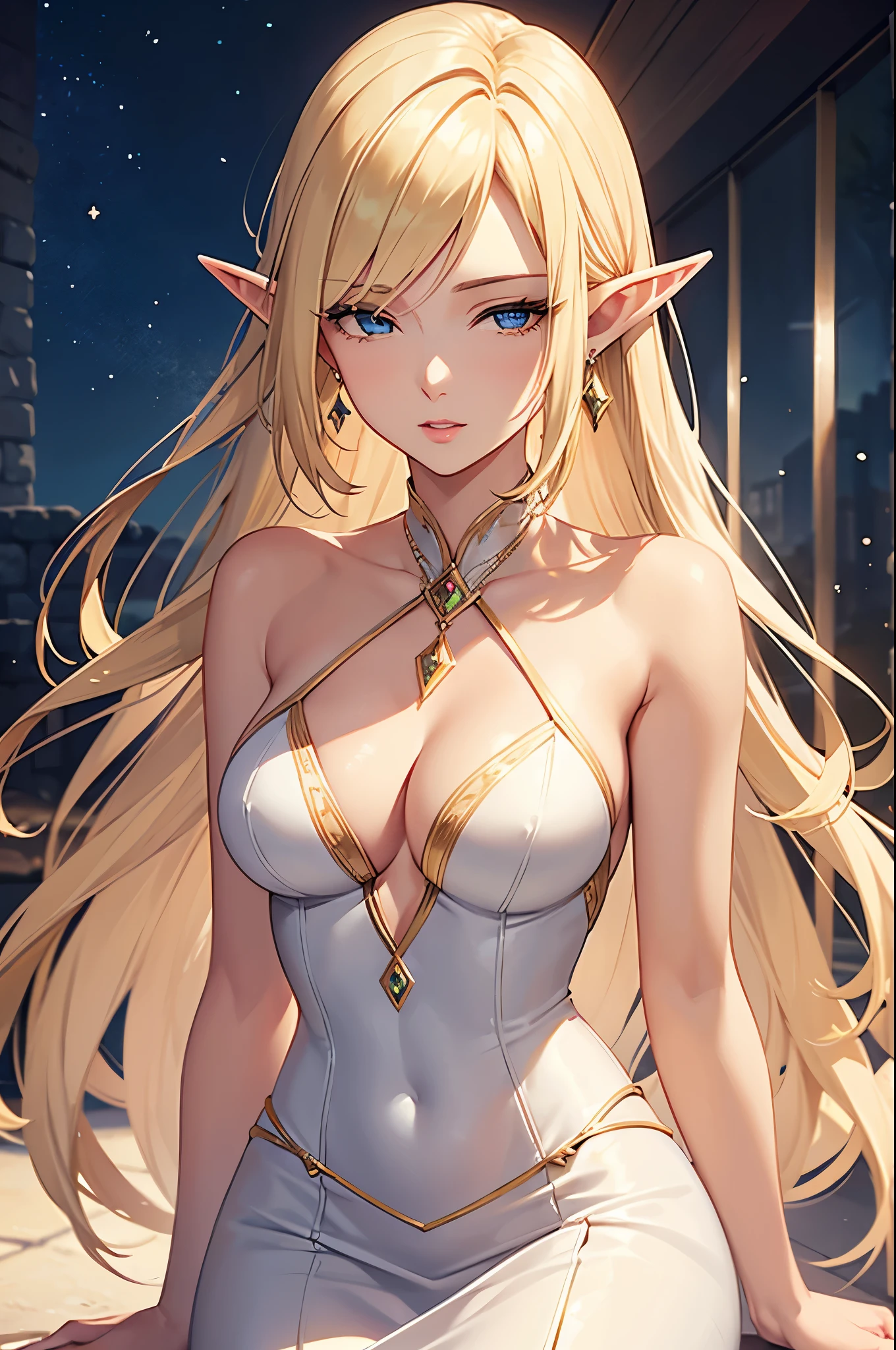 1 girl, Beautiful elf lady, blonde Long straight hair, upturn elf pointy ears, sexy figure, hot body, perfect breast, charming cleavage, very beautiful face, detailed face, delicate eyes, detailed pupil, beautiful and delicate lips, pale skin, light blush, shy, heart, in love, white camisole long skirt, Simple and stylish, small crystal earrings, hand drawn animation, (portrait:1.3), high detailed, outdoor, symmetrical clothes, best quality, masterpiece, 