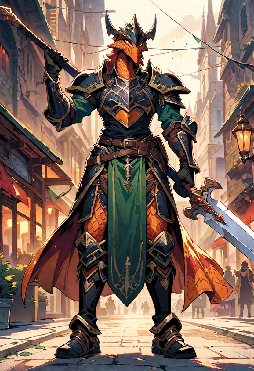 DnD character art, fantasy warrior with dragon head helmet and orange scales holding sword in hand standing on city street, green , black leather gloves, high details, in the style of fantasy., knight dragon, big sword, holdingsword