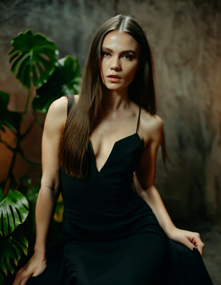 professional photograph of a 26 year old model, by Peter Hegre, photography studio,__perspective__, beautiful evil slavic muscular woman, pale skin, long hair,dressed in elegant long black dress, dynamic model pose, bold lines, hyper detailed,warm natural lighting, cinematic, film grain, sitting, tropical plants on background, (intricate details, masterpiece, best quality:1.4),hyper detailed, bright extensive palette, mesmerizing, dynamic, dramatic, sensual, dynamic pose, highly detailed skin with hair, subcutaneous veins,skin fluff,fine wrinkles,high contrast,best Ray tracing, light and shadow play, highly detailed,24mm photograph, film, bokeh, professional, 4k,