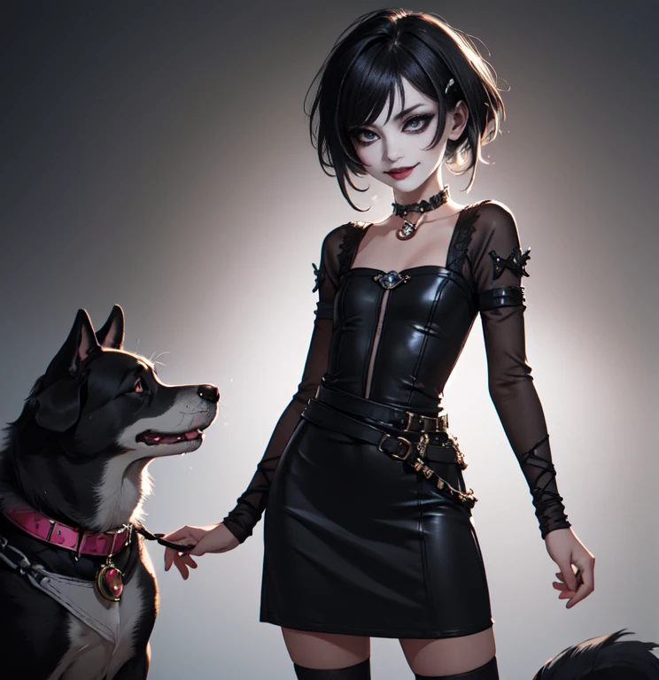 1girl, woman, emo_hairstyle, black lipstick, dog collar, eyeliner, eye shadow, smoky eyes, realistic lighting, short hair, smug, punk, smirk, fantasy clothes, skirt, tight fantasy dress.