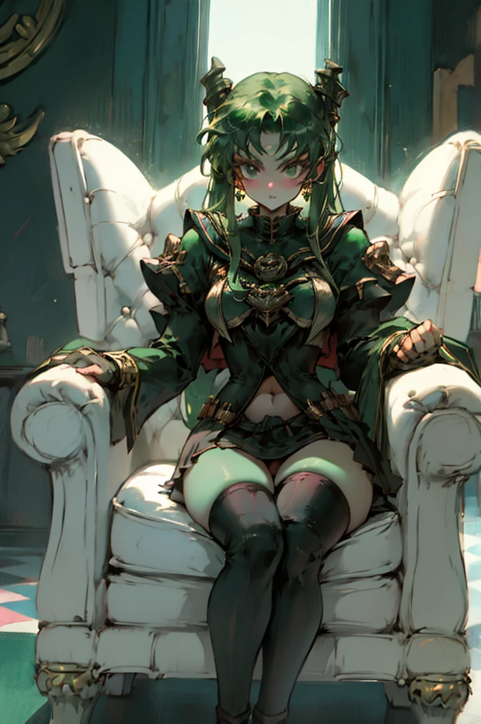 Black Kakalot Female, Green Hair, Look at Viewer, Green Castle, sitting chair, panty