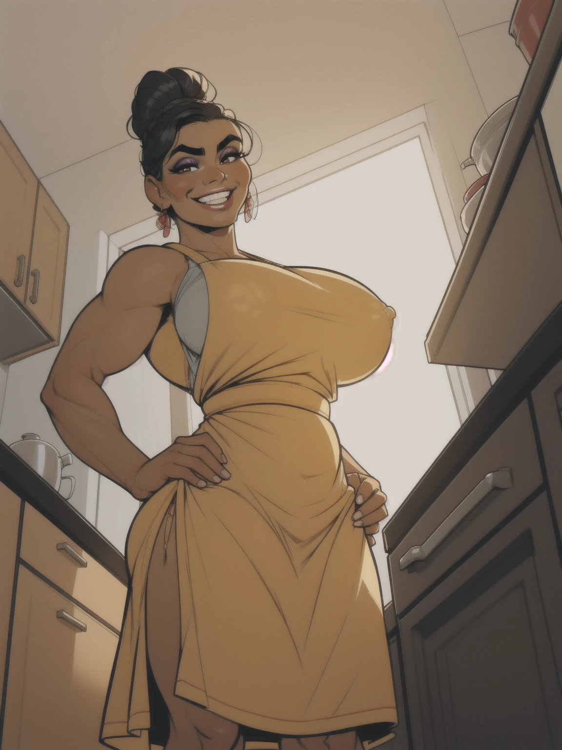 woman, solo, 1woman, retro, wearing dress and apron, (tanned skin:1.1), latina, standing in kitchen, modern kitchen, (????????????:1.1), (?????? outline:0.7), muscular, black hair, updo, hair bun, makeup, looking down at viewer, hands on ????, (from below:1.3), (extremely low angle:1.2), smiling, incase, facing viewer,