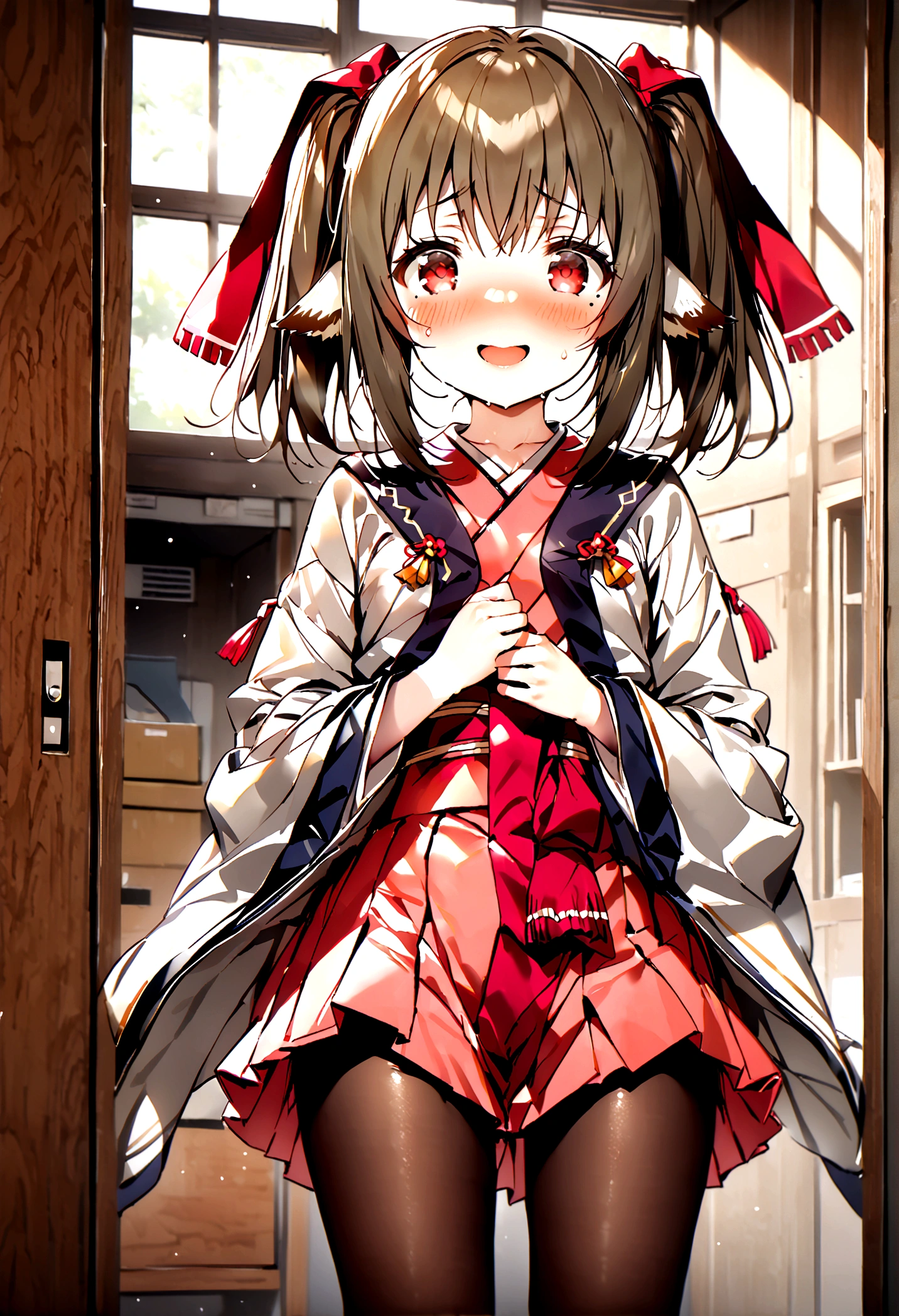NSFW,masterpiece,Highest quality,High resolution,Super detailed,nekone \(utawarerumono\),Brown Hair、(Red Eye:1.3)、ribbon、Animal Ears、Twin tails、ヘアribbon、Mole、目の下のMole,Small breasts,uniform,mini skirt,pantyhose,Embarrassed,blush,Expecting face,Seduce,smile,School,locker room,Spoiled
