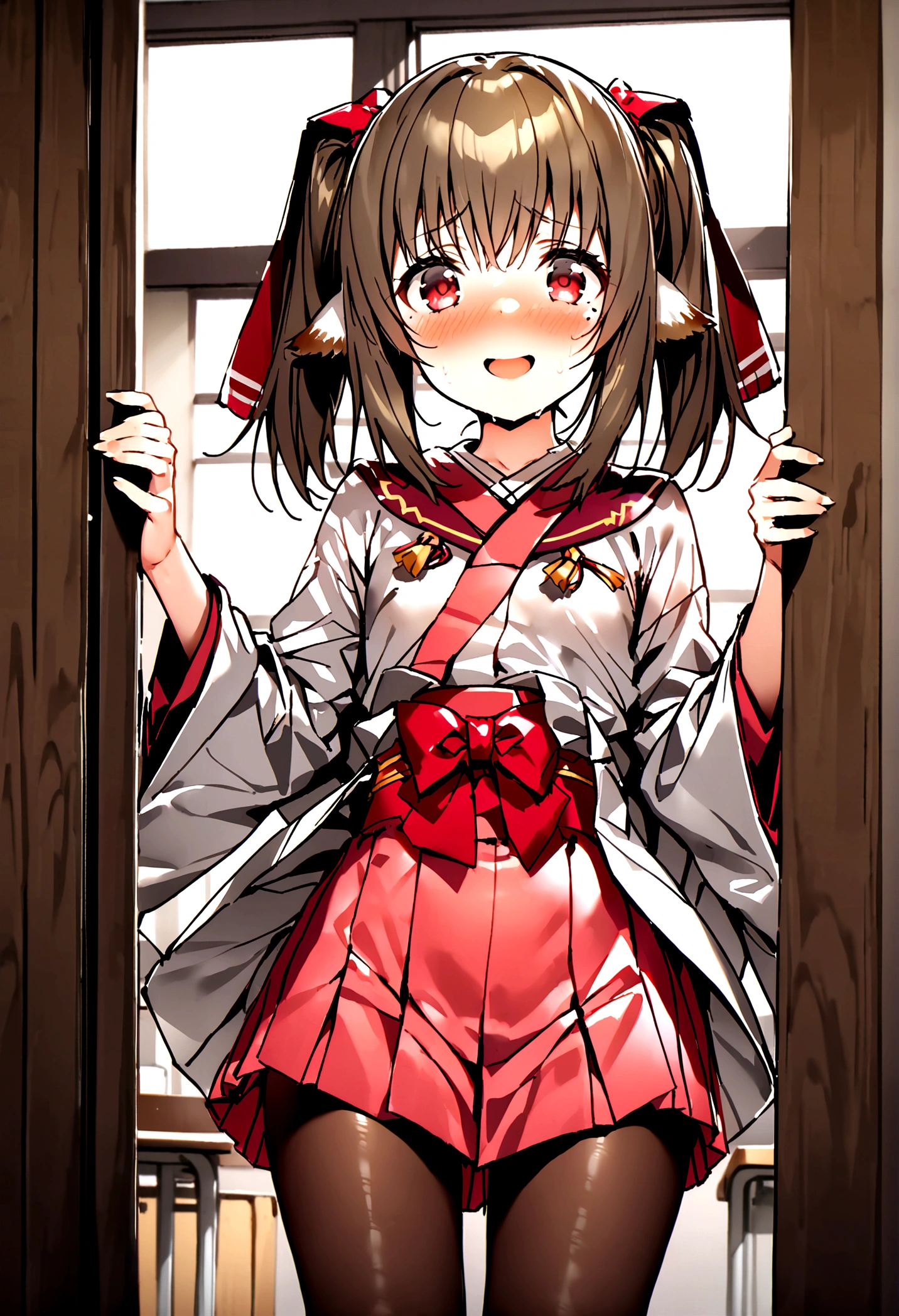 NSFW,masterpiece,Highest quality,High resolution,Super detailed,nekone \(utawarerumono\),Brown Hair、（Red Eye：1.3）、ribbon、Animal Ears、Twin tails、ヘアribbon、Mole、目の下のMole,Small breasts,uniform,kimono,mini skirt,pantyhose,Embarrassed,blush,Expecting face,Seduce,smile,School,locker room,Spoiled,Open clothes